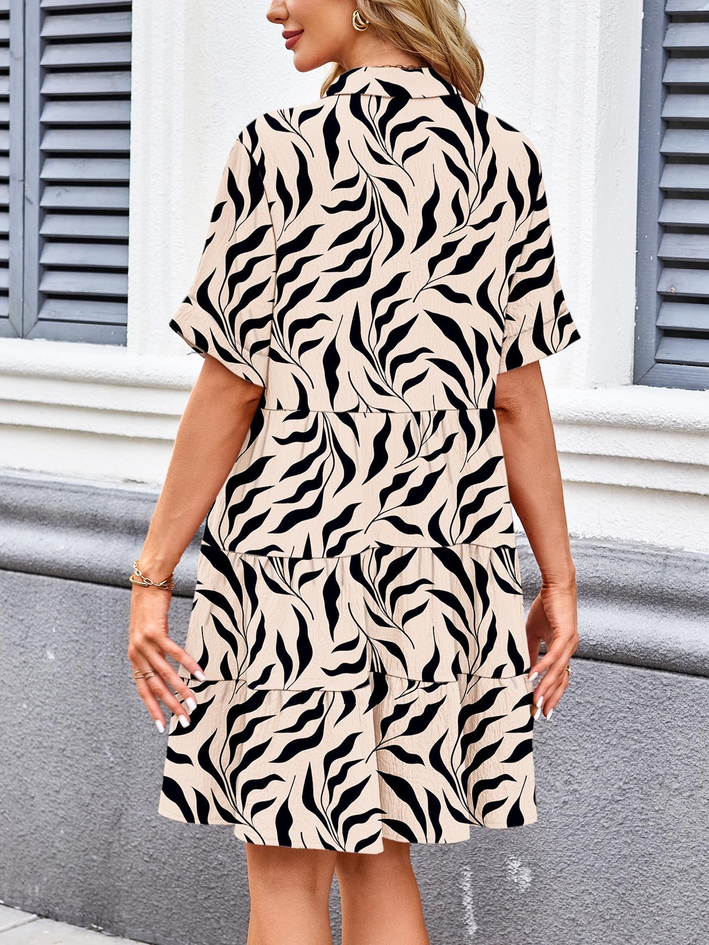 Women's Printed Short Sleeve Button Down Dress with Pockets