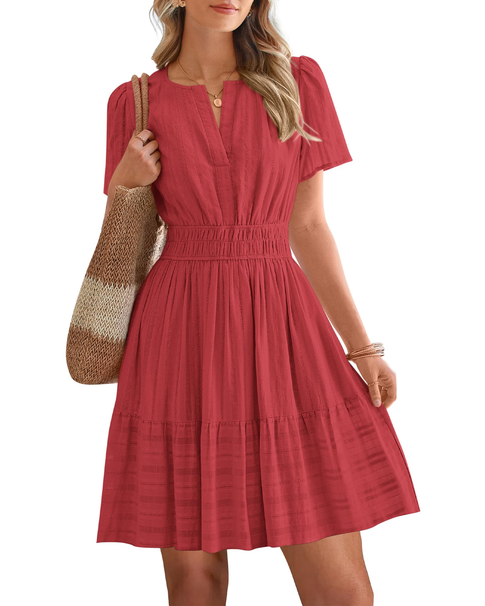 Women's Lightweight Short Sleeve V Neck Elastic Waist Mini Dress