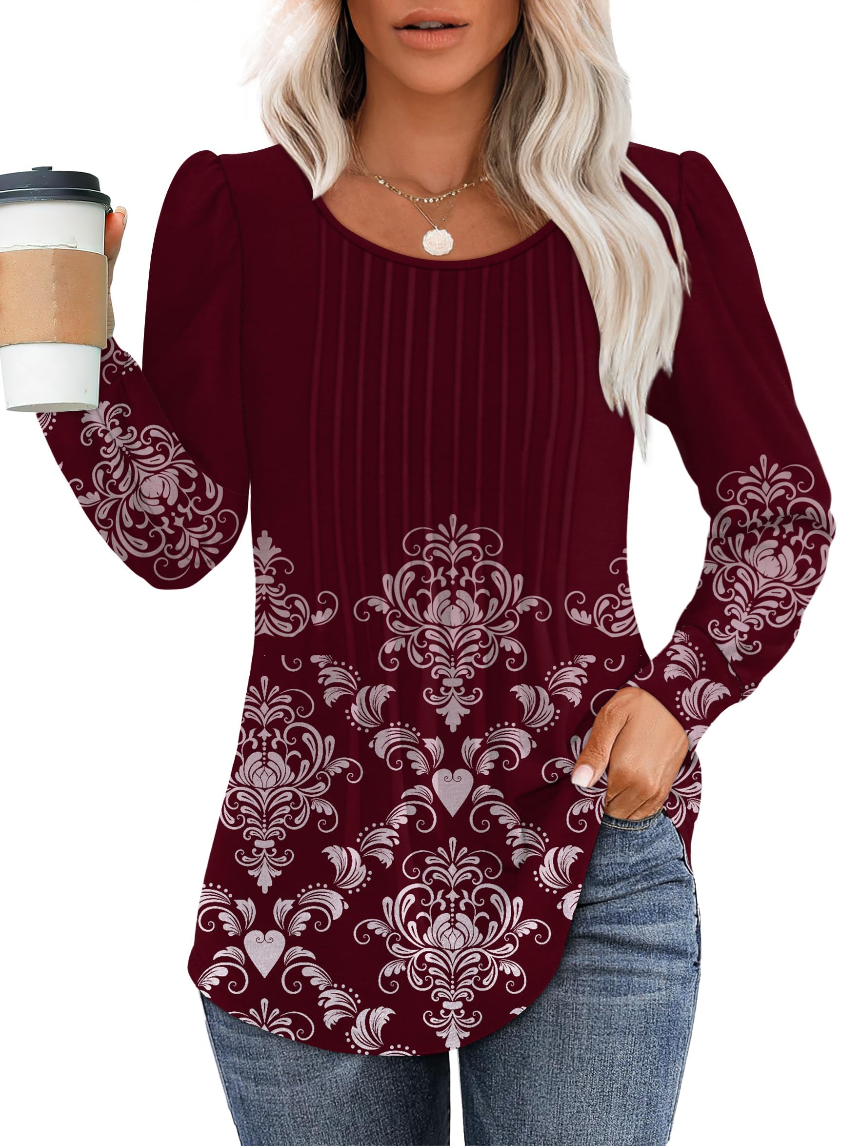 Women's Printed Long Sleeve Pleated Front Tunic Tops