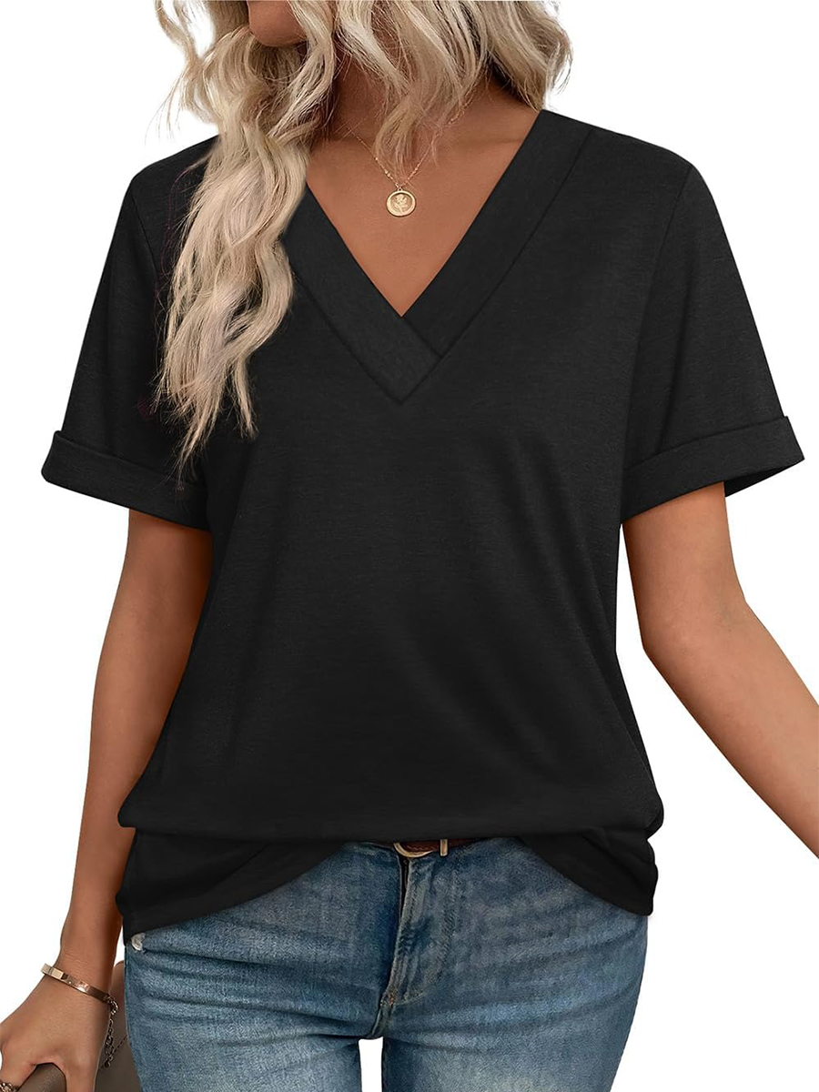 Women's Summer V Neck Short Sleeve Basic Casual T-shirt