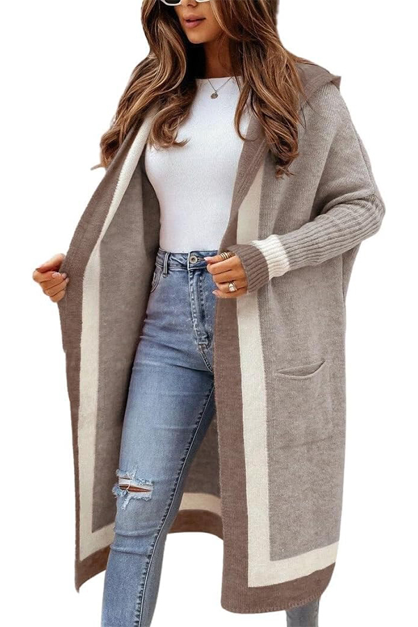 HOT SALE Women's Color Block Striped Open Front Hooded Long Cardigan