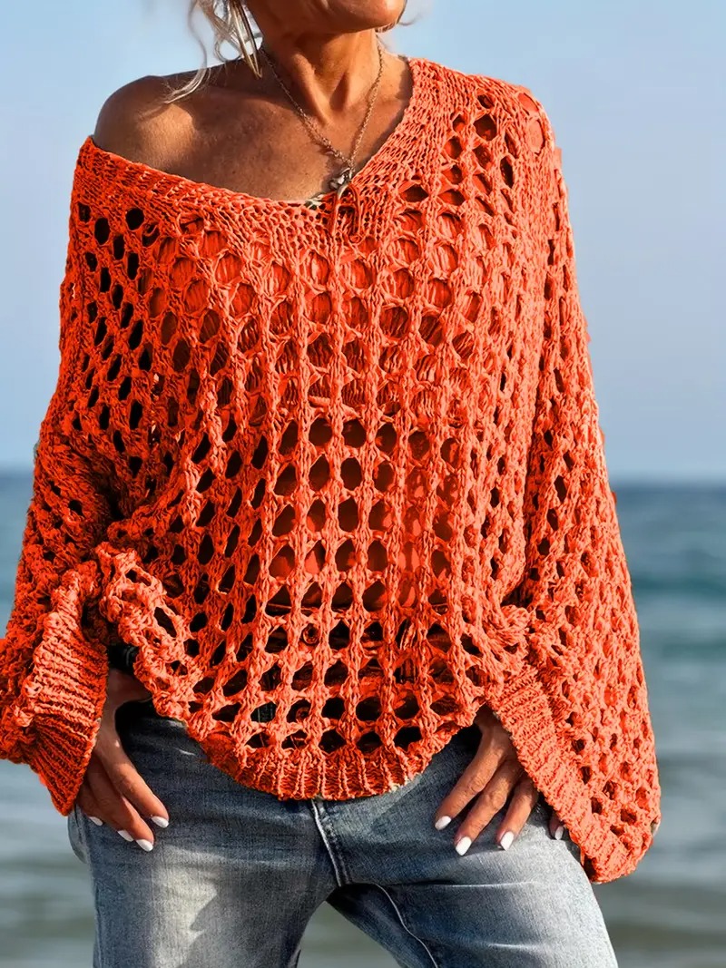Women's Casual Loose V Neck Hollow Out Long Sleeve Coverups