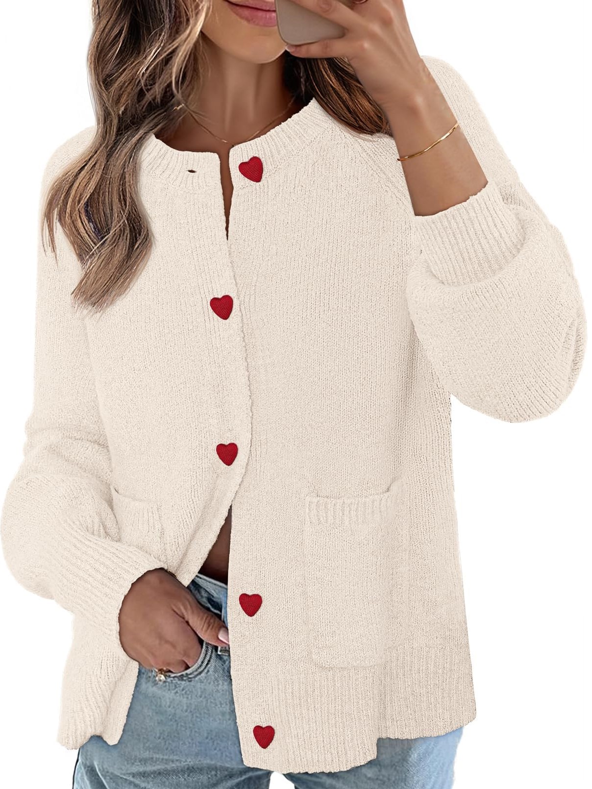 Women's Chunky Knit Cute Heart Button Cardigan Sweater