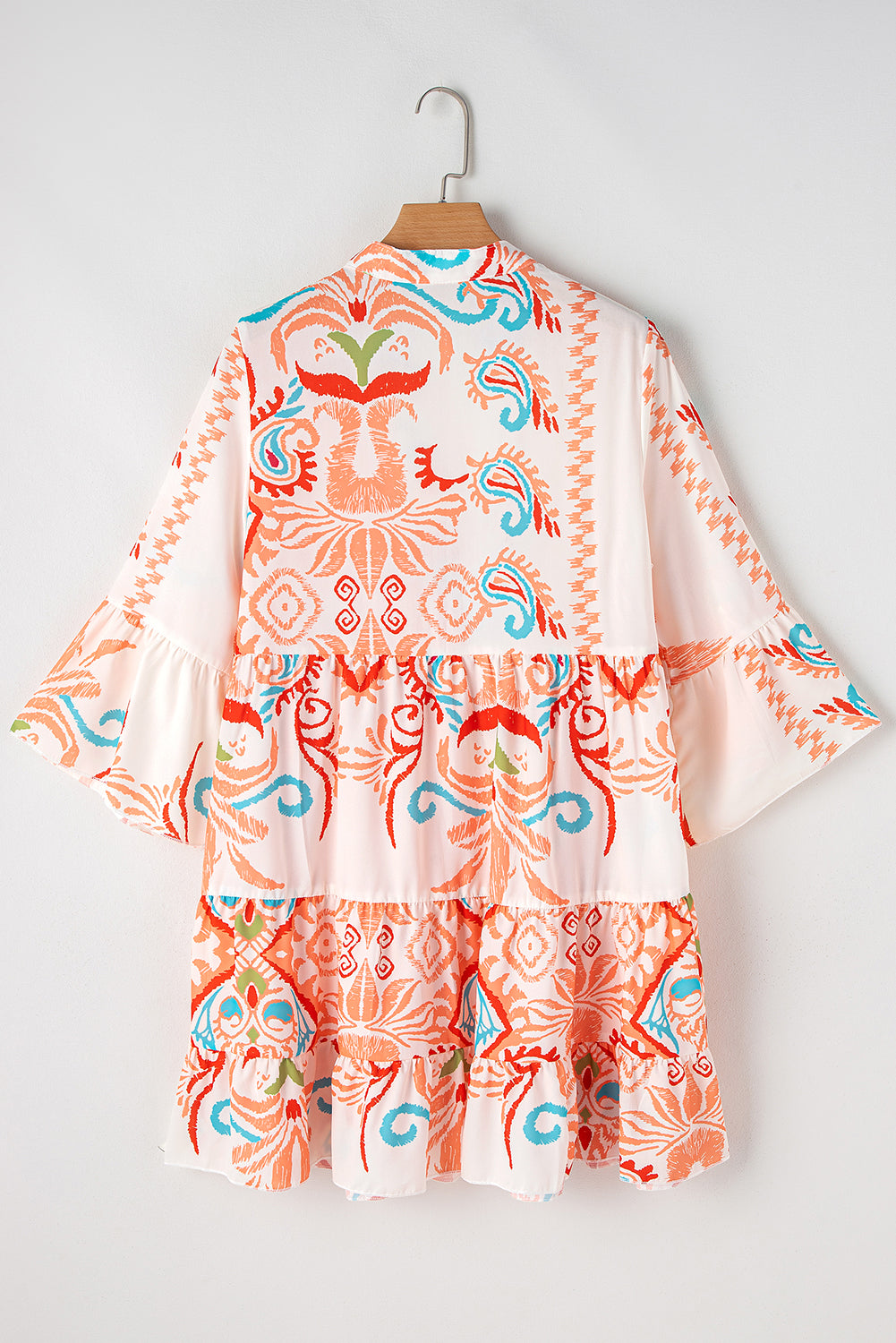 Women's Print Boho Button 3/4 Sleeve Tiered Babydoll Dress