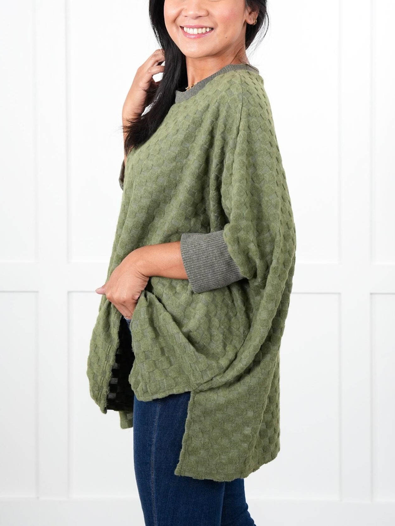 Oversized Textured Round Neck Dolman Sleeve Side Slits Top