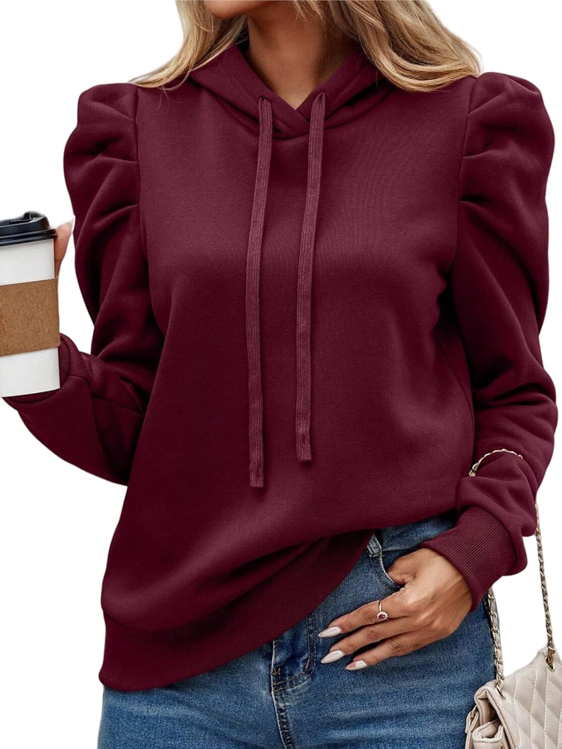 Women's Puff Sleeve Drawstring Casual Hoodie