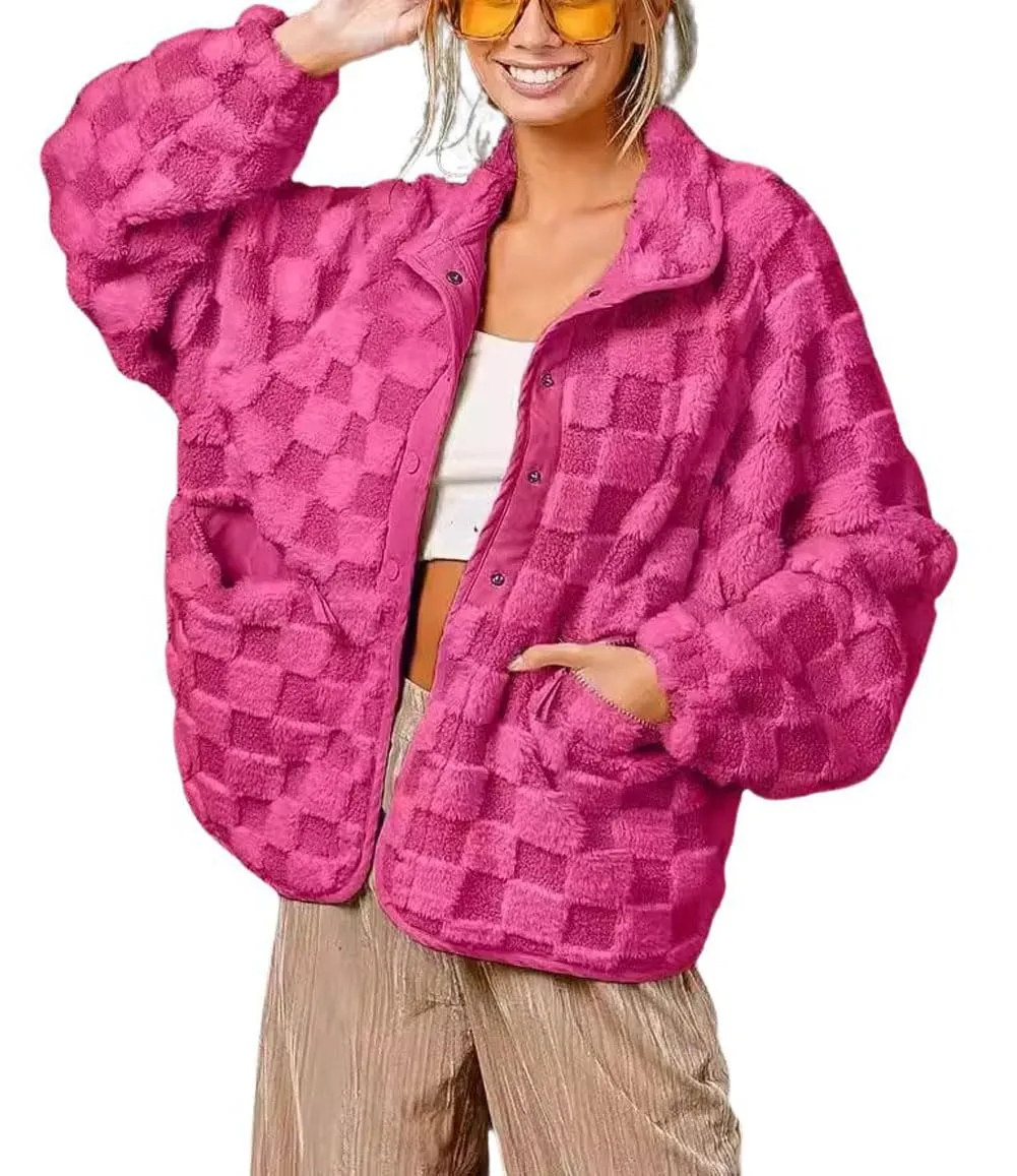 Women's Winter Casual Checkered Fleece Sherpa Jacket