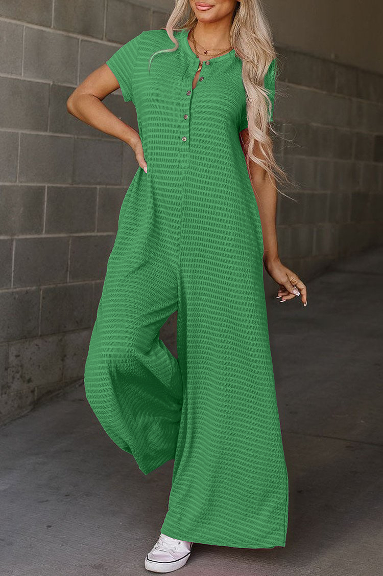 Short Sleeve Button-front Textured Jumpsuit
