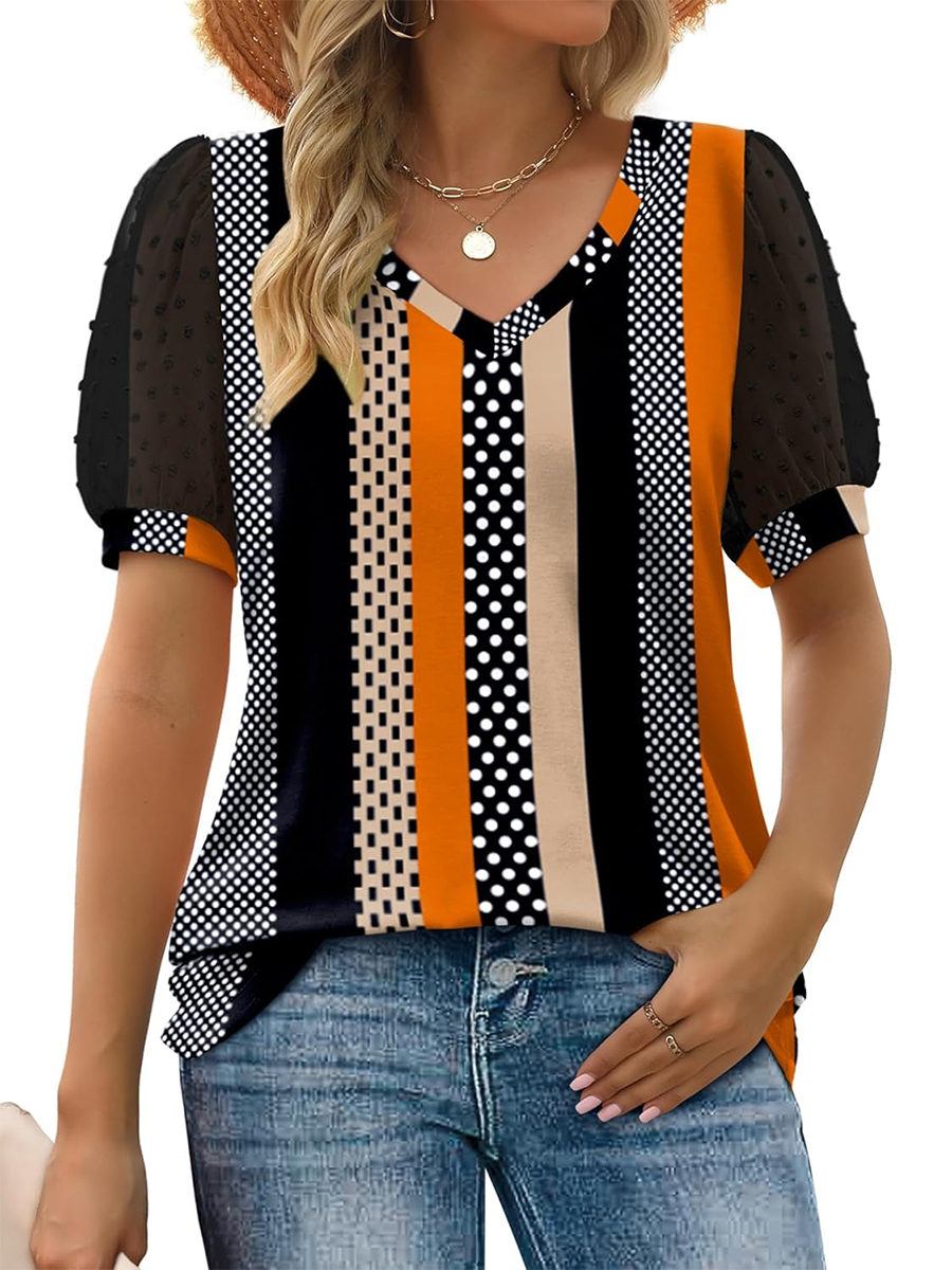 Women's Printed V Neck Swiss Dot Puff Sleeve Loose Casual T-Shirt