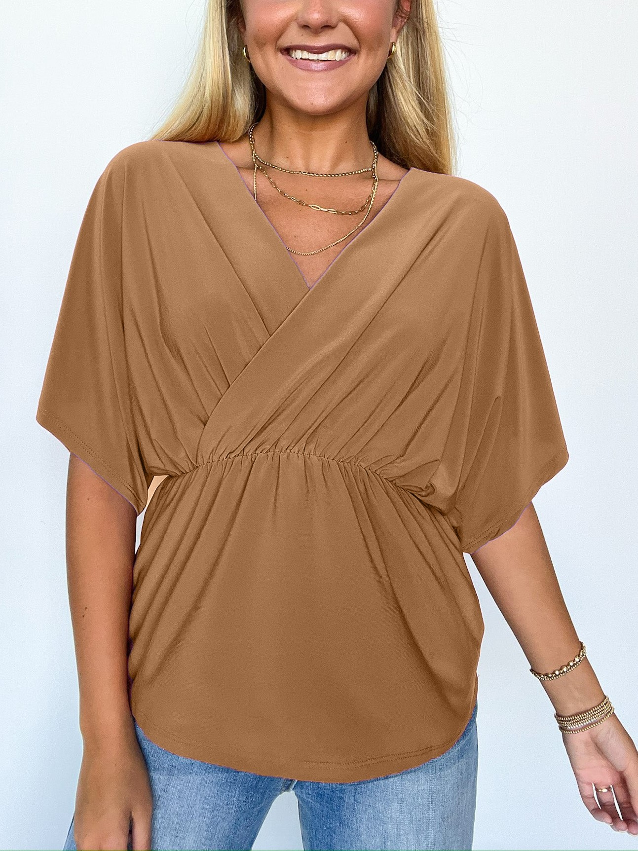 HOT SALE V Neck Solid Surplice Flowy Tunic Top