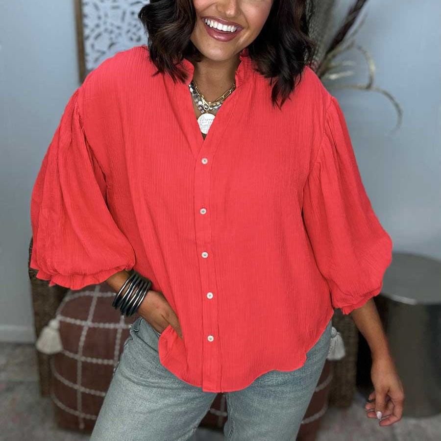 Puff Sleeve Woven Button Down Shirt