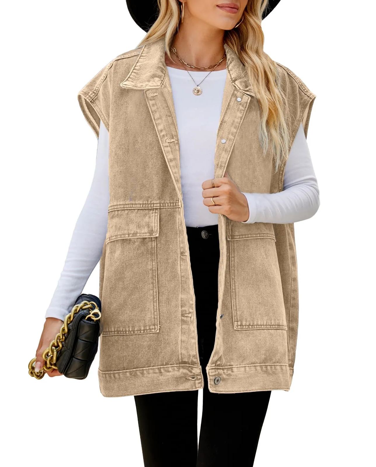 Womens Lapel Collar Button Down Sleeveless Loose Jean Vest