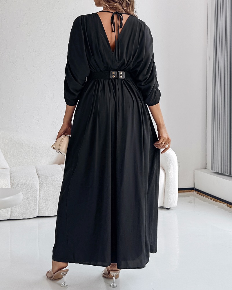 Women's Casual V-Neck Half Sleeve Ruched Jumpsuit