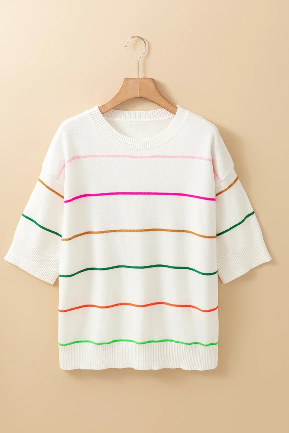 Women's Crew Neck Knit Striped Half Sleeve Drop Shoulder Sweater