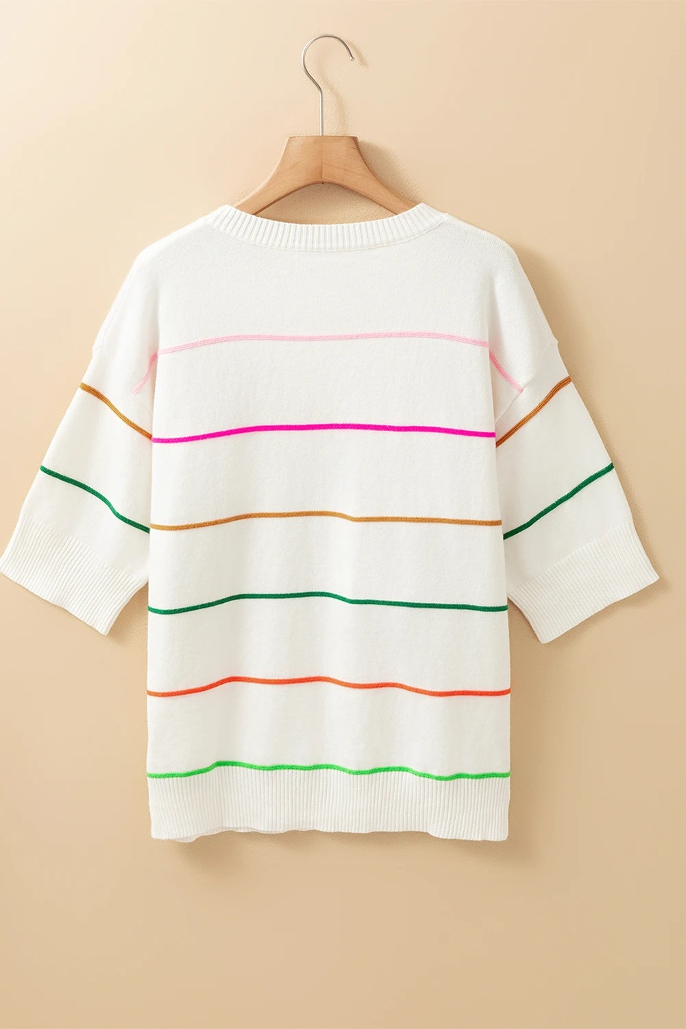 Women's Crew Neck Knit Striped Half Sleeve Drop Shoulder Sweater