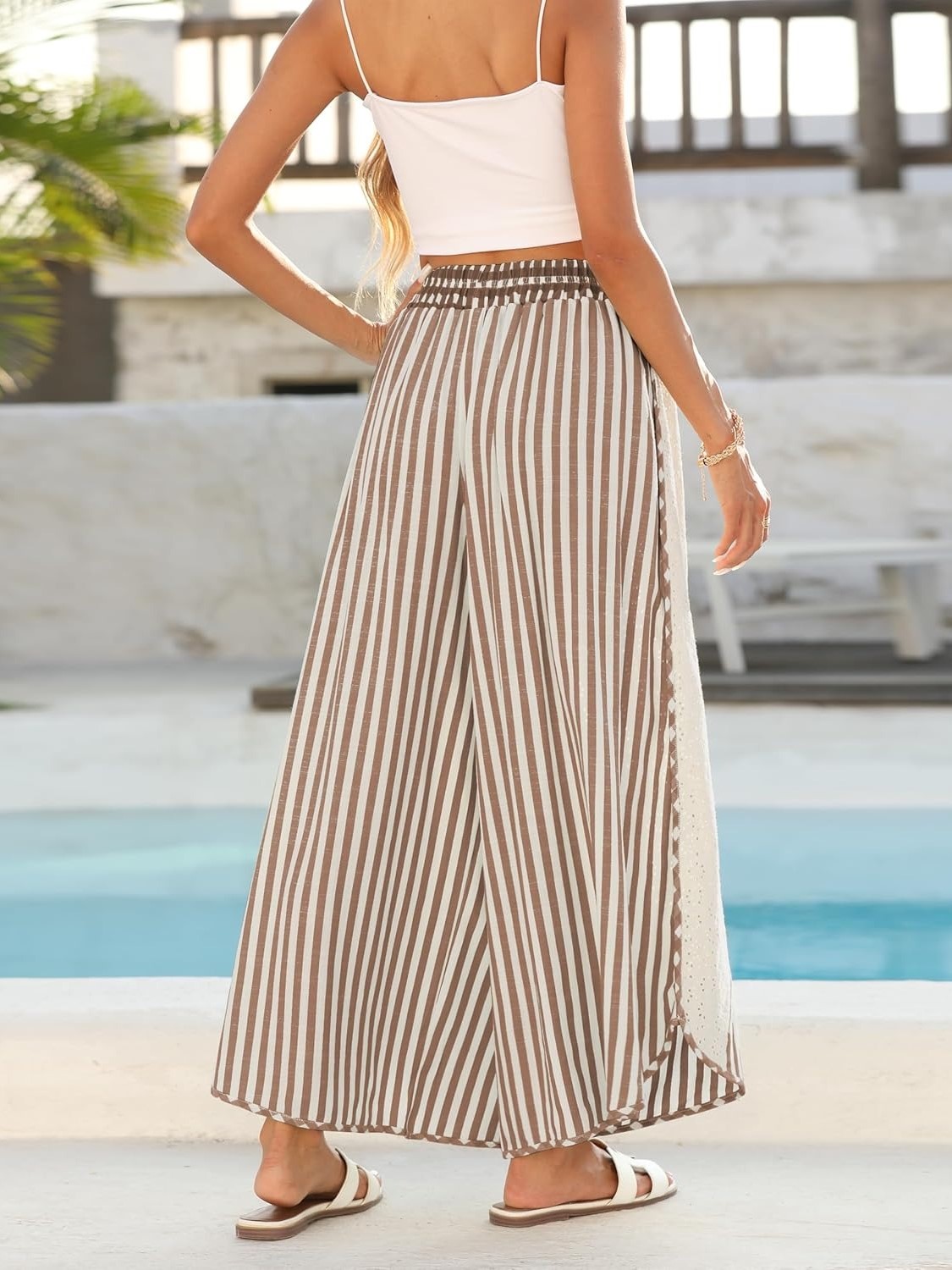 Women's Summer Casual Loose Striped Lace Patchwork Wide Leg Pants