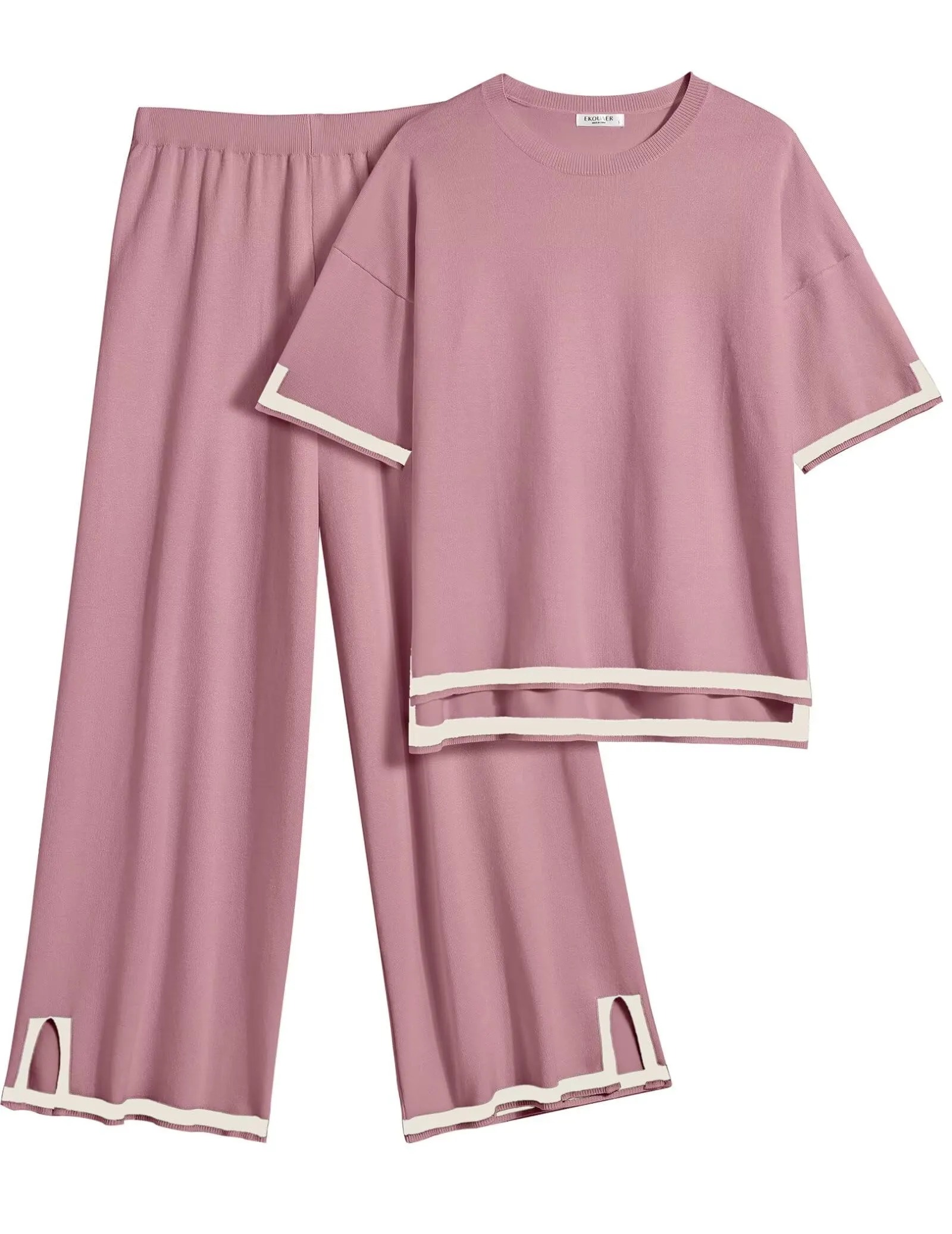 Women's Travel Outfits 2 Piece Sets Short Sleeve Sweater Top Wide Leg Long Pants