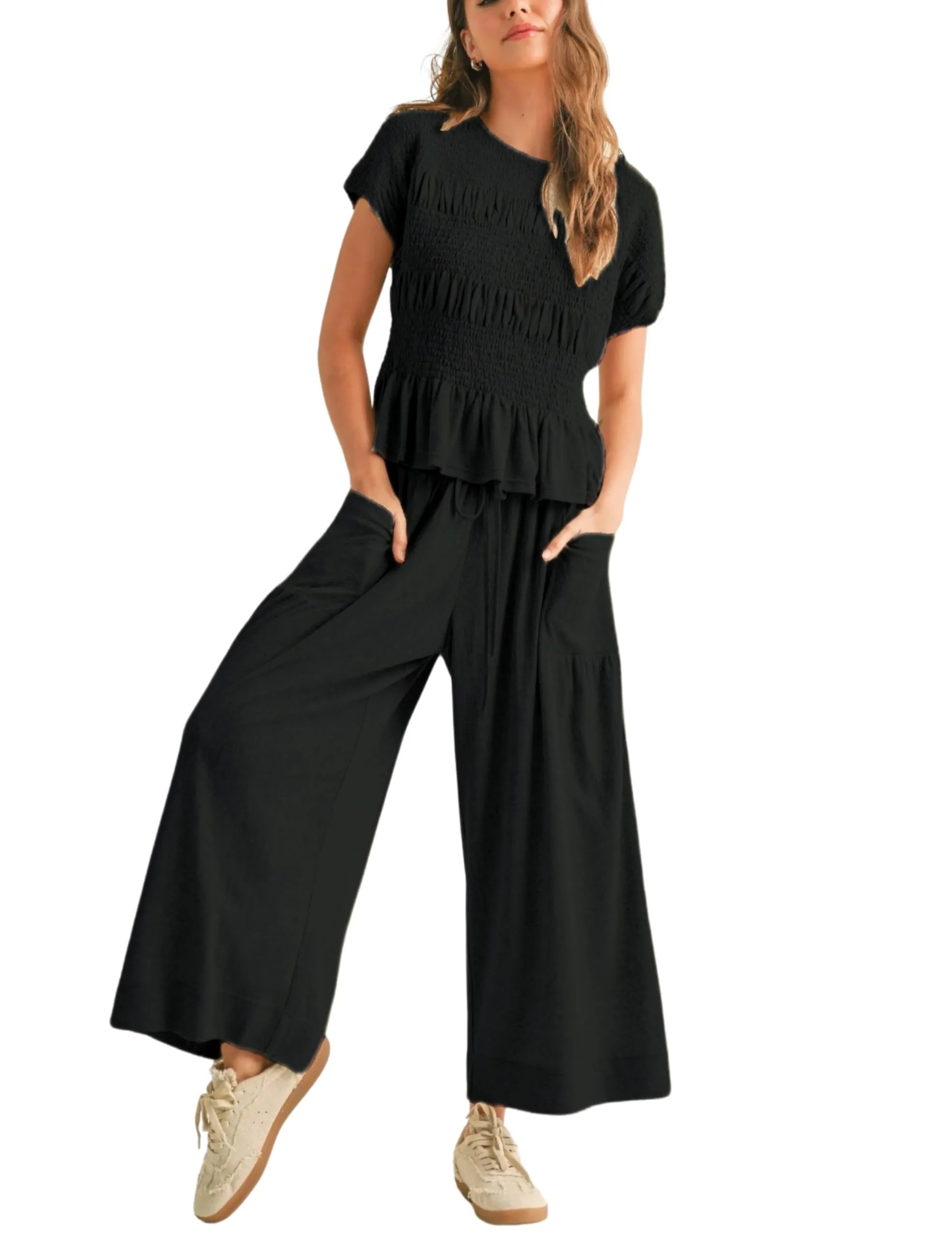 HOT SALE Women's Pleated Top Wide Leg Pants Set with Pockets