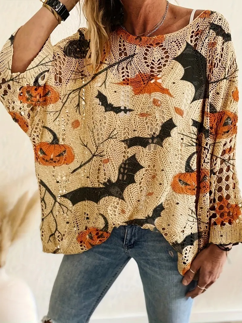 HOT SALE Halloween Crew Neck Pumpkin Loose Fit Long Sleeve Cutout Sweater