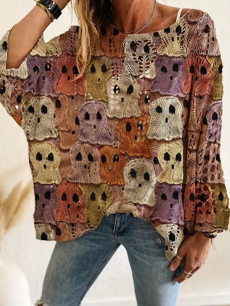 HOT SALE Halloween Crew Neck Pumpkin Loose Fit Long Sleeve Cutout Sweater