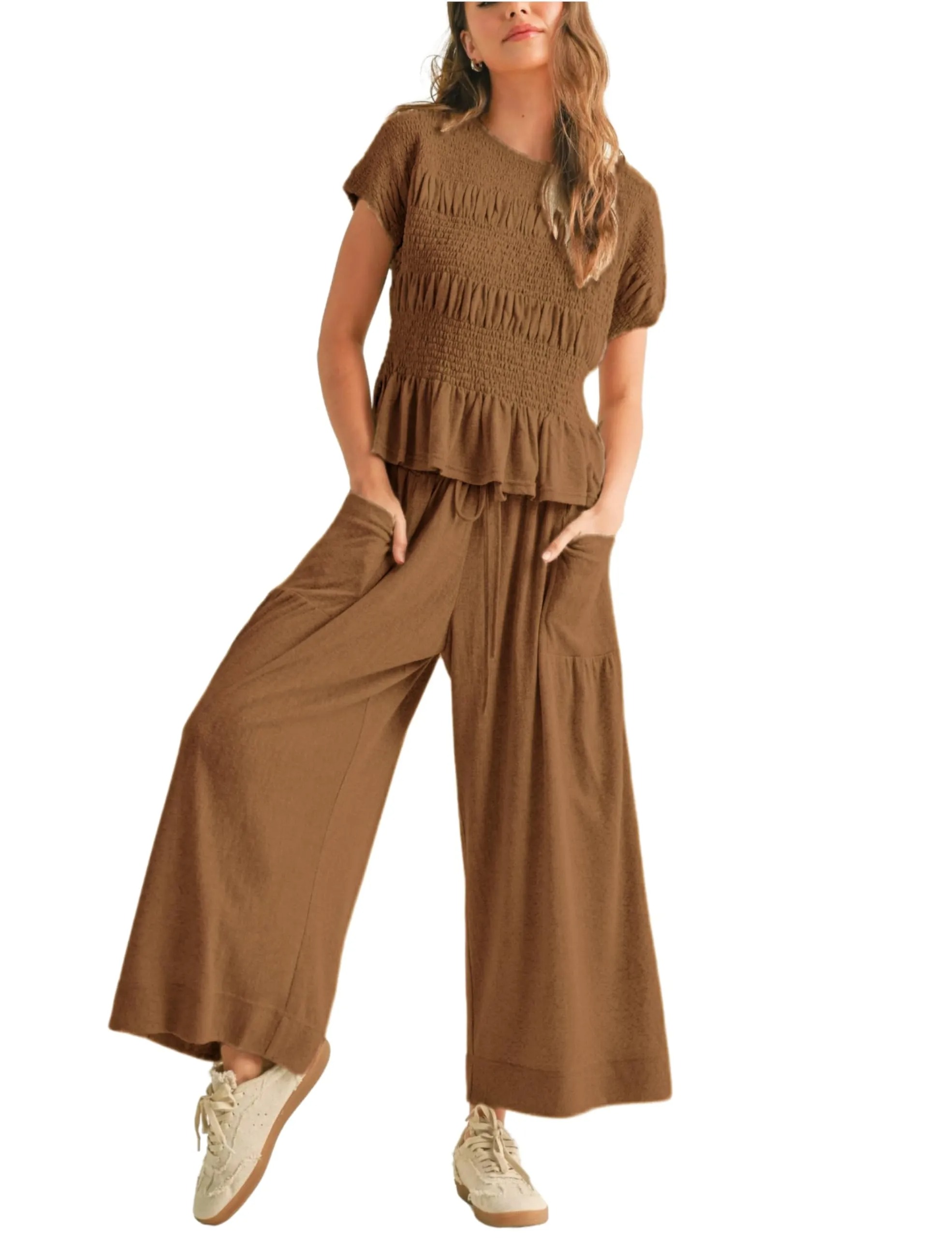 HOT SALE Women's Pleated Top Wide Leg Pants Set with Pockets