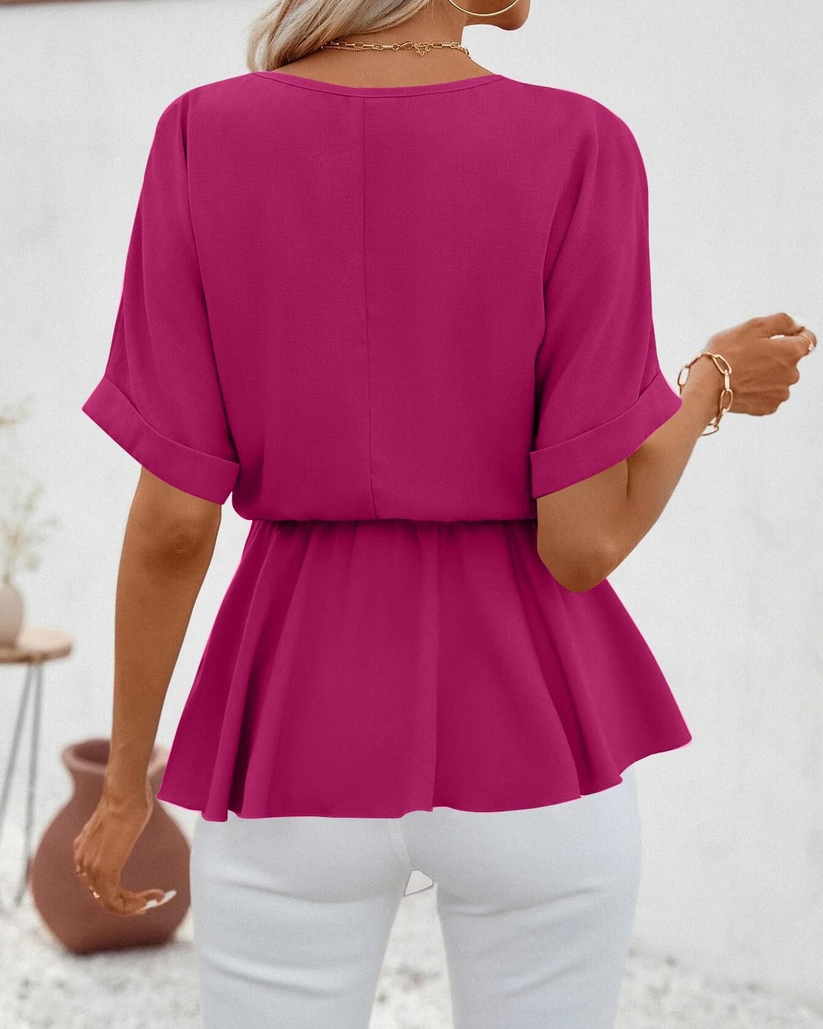 Women's V Neck Belted Ruffle Short Sleeve Blouse Casual T-Shirts