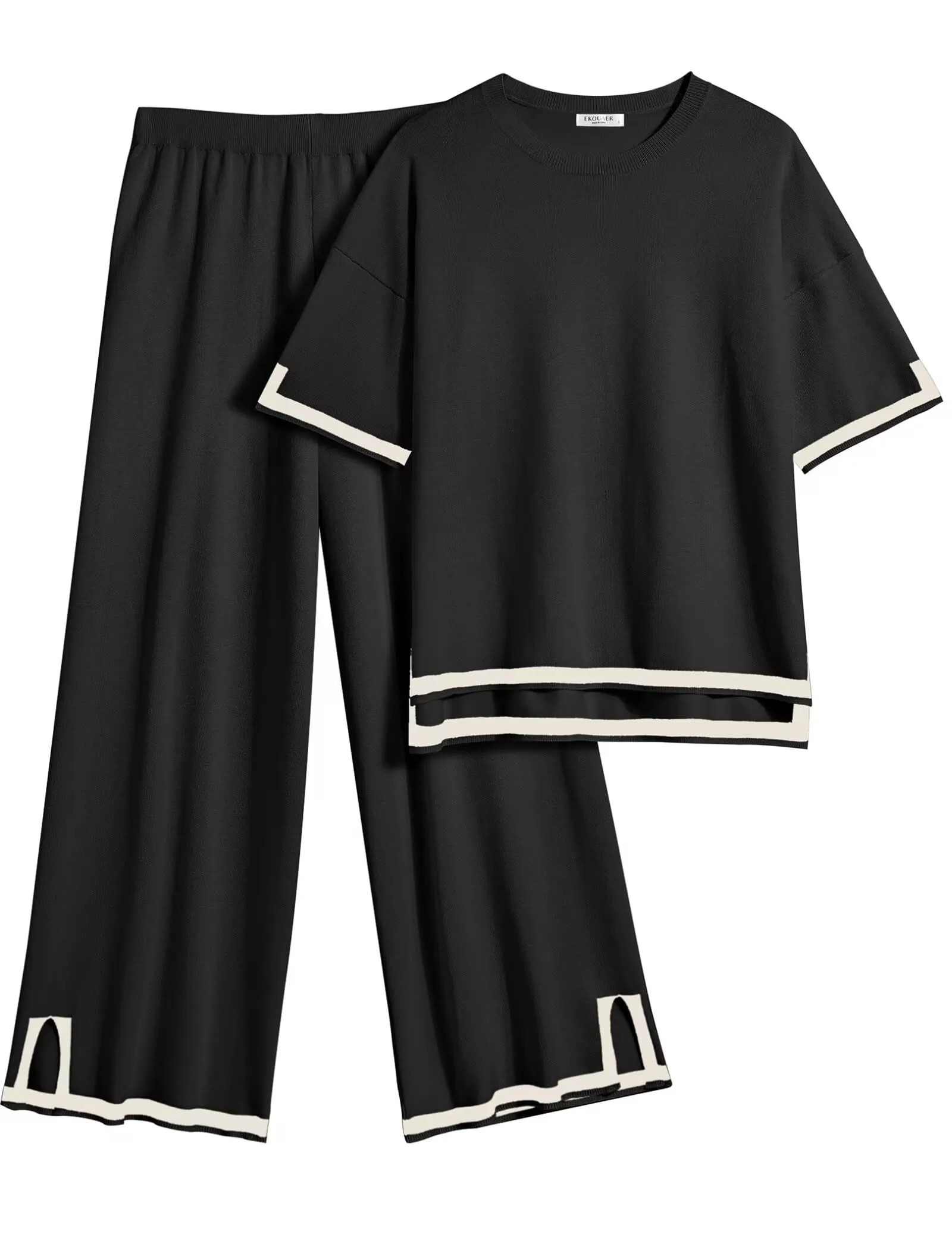 Women's Travel Outfits 2 Piece Sets Short Sleeve Sweater Top Wide Leg Long Pants