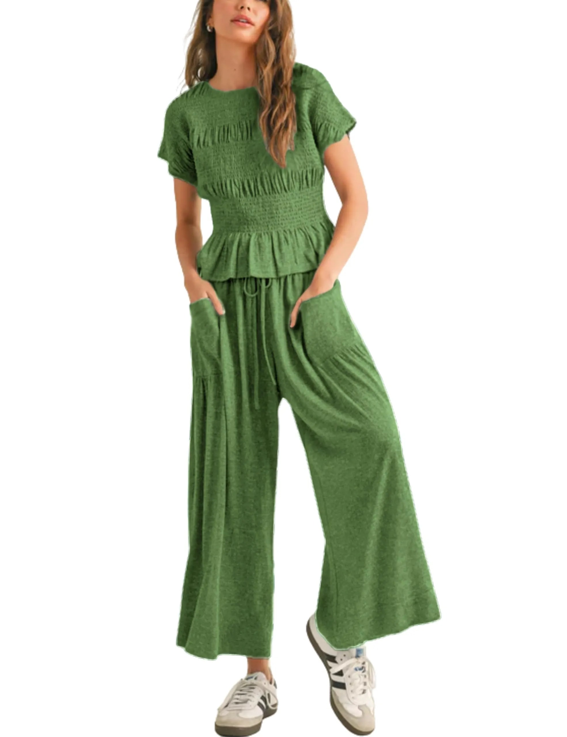 HOT SALE Women's Pleated Top Wide Leg Pants Set with Pockets