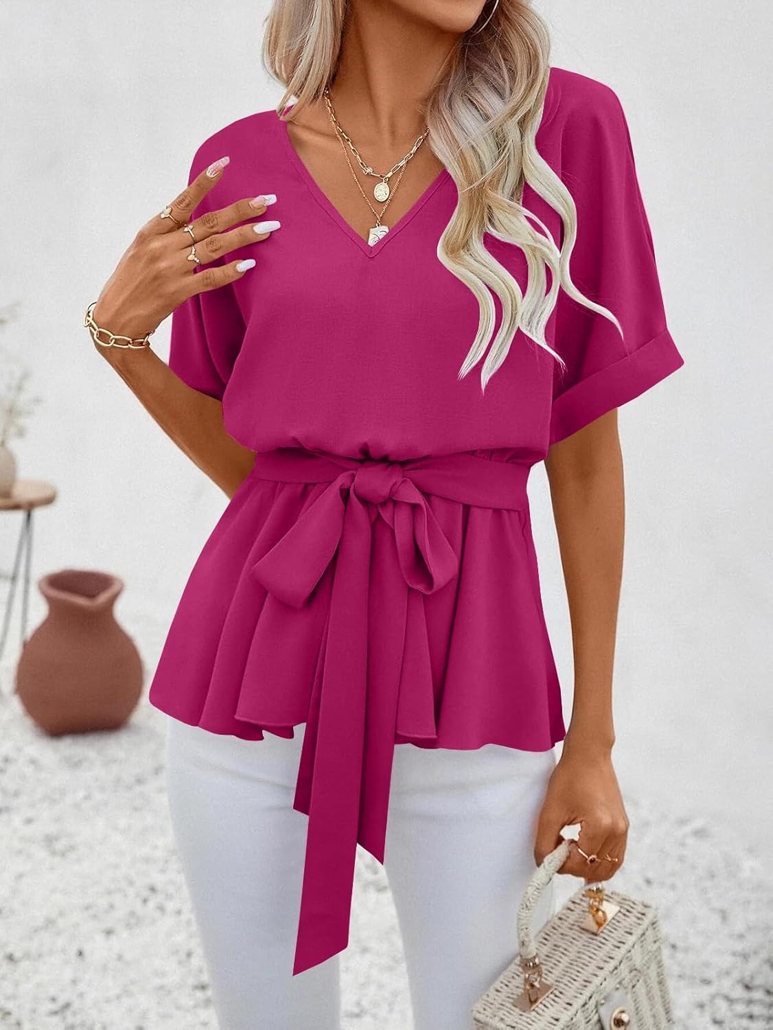 Women's V Neck Belted Ruffle Short Sleeve Blouse Casual T-Shirts