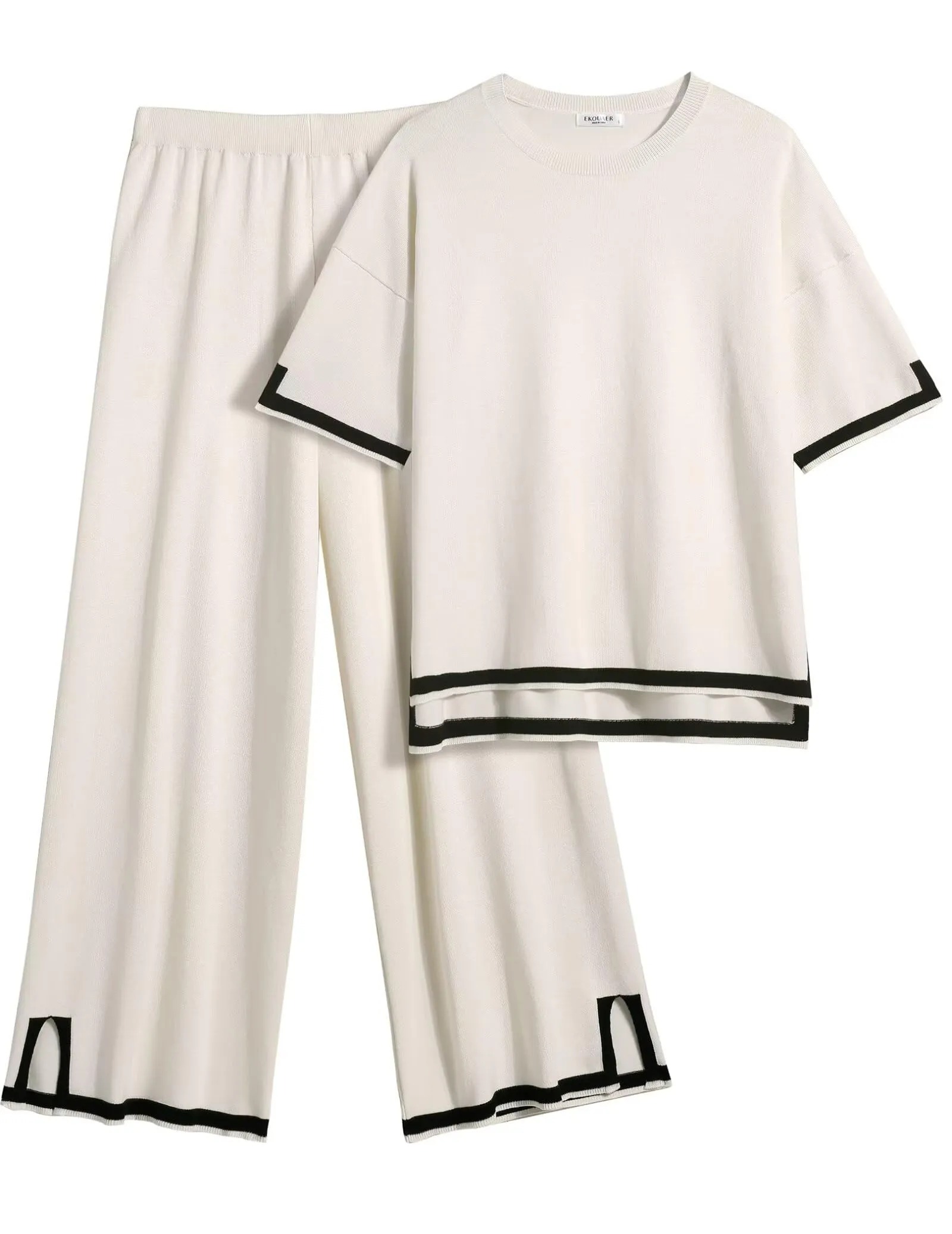 Women's Travel Outfits 2 Piece Sets Short Sleeve Sweater Top Wide Leg Long Pants