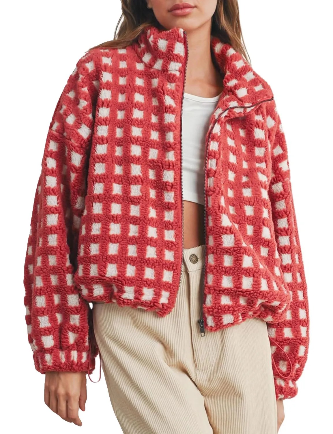 HOT SALE Women’s Cropped Sherpa Fleece Plaid Jacket Chunky Teddy Fleece Outerwear