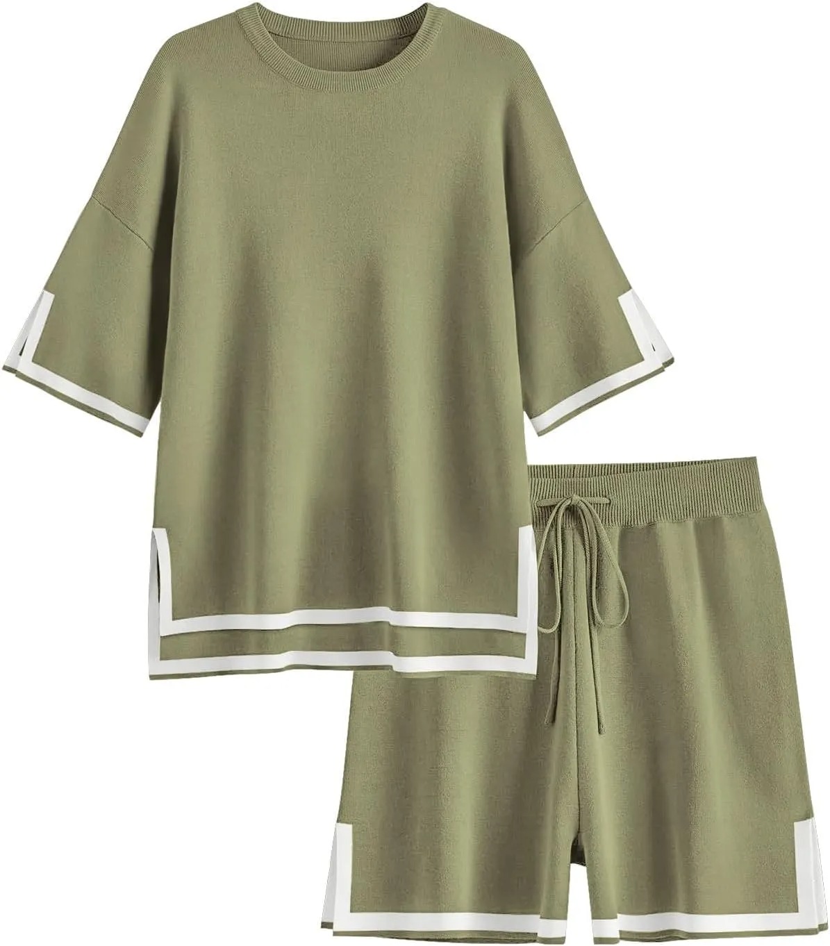 HOT SALE Women's Color Block Knitted Short Sleeve Top And Drawstring Shorts Set