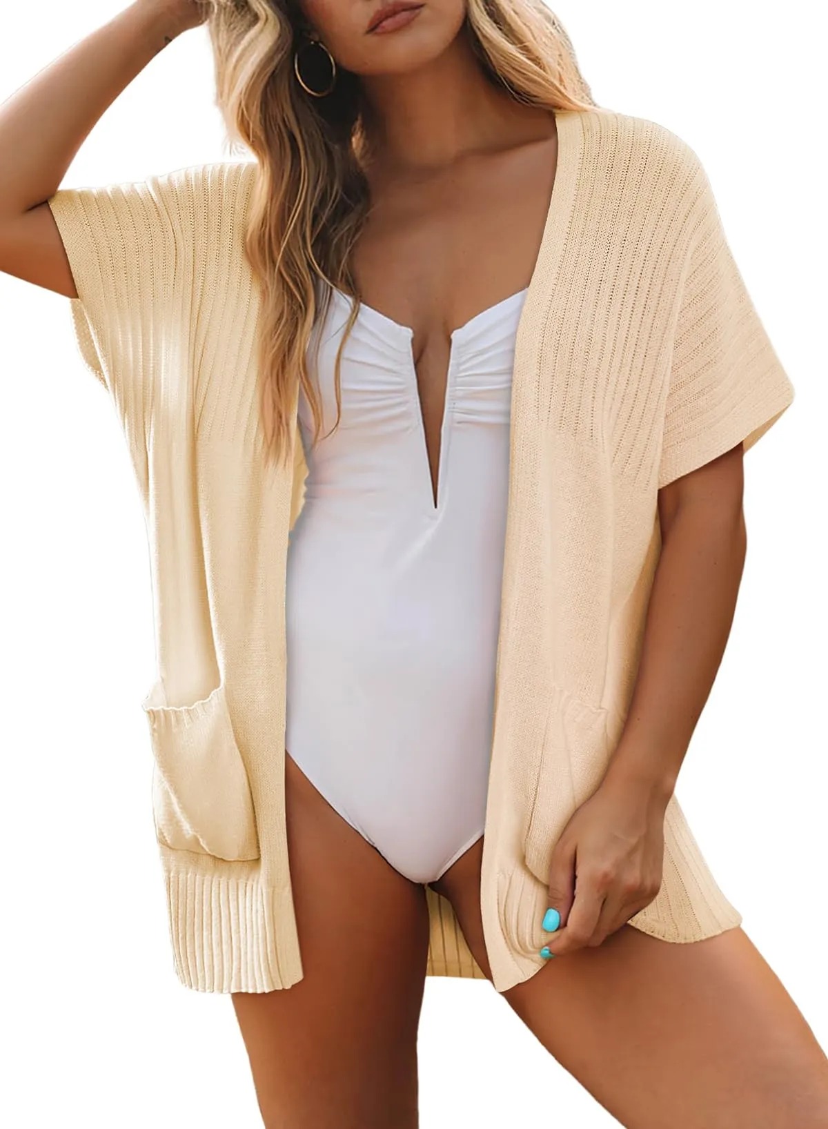 HOT SALE Women's Short Sleeve Pleated Lightweight Open Front Cardigan