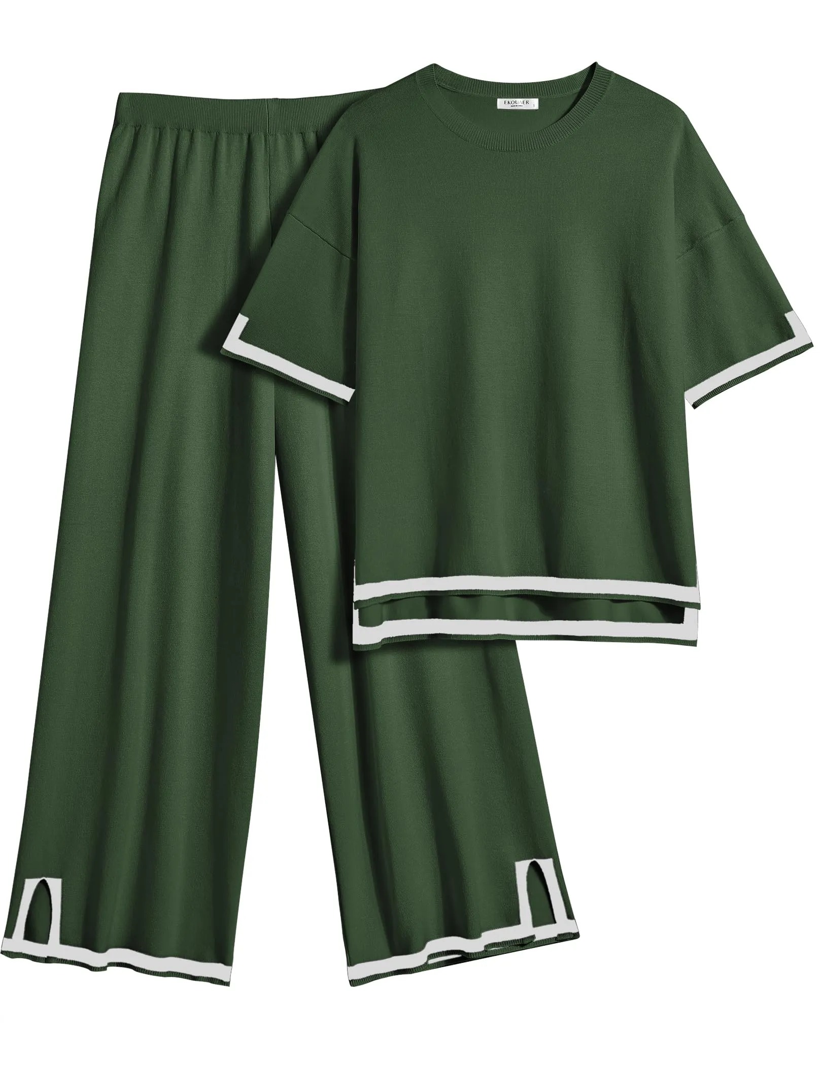 Women's Travel Outfits 2 Piece Sets Short Sleeve Sweater Top Wide Leg Long Pants