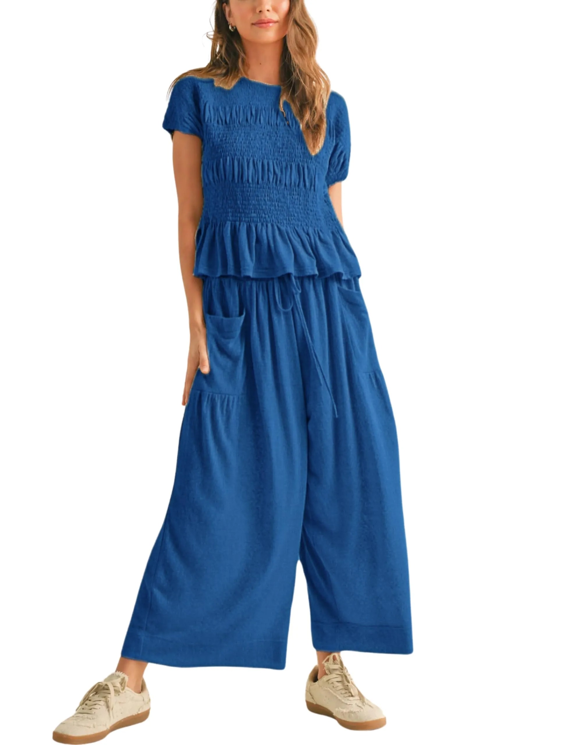 HOT SALE Women's Pleated Top Wide Leg Pants Set with Pockets