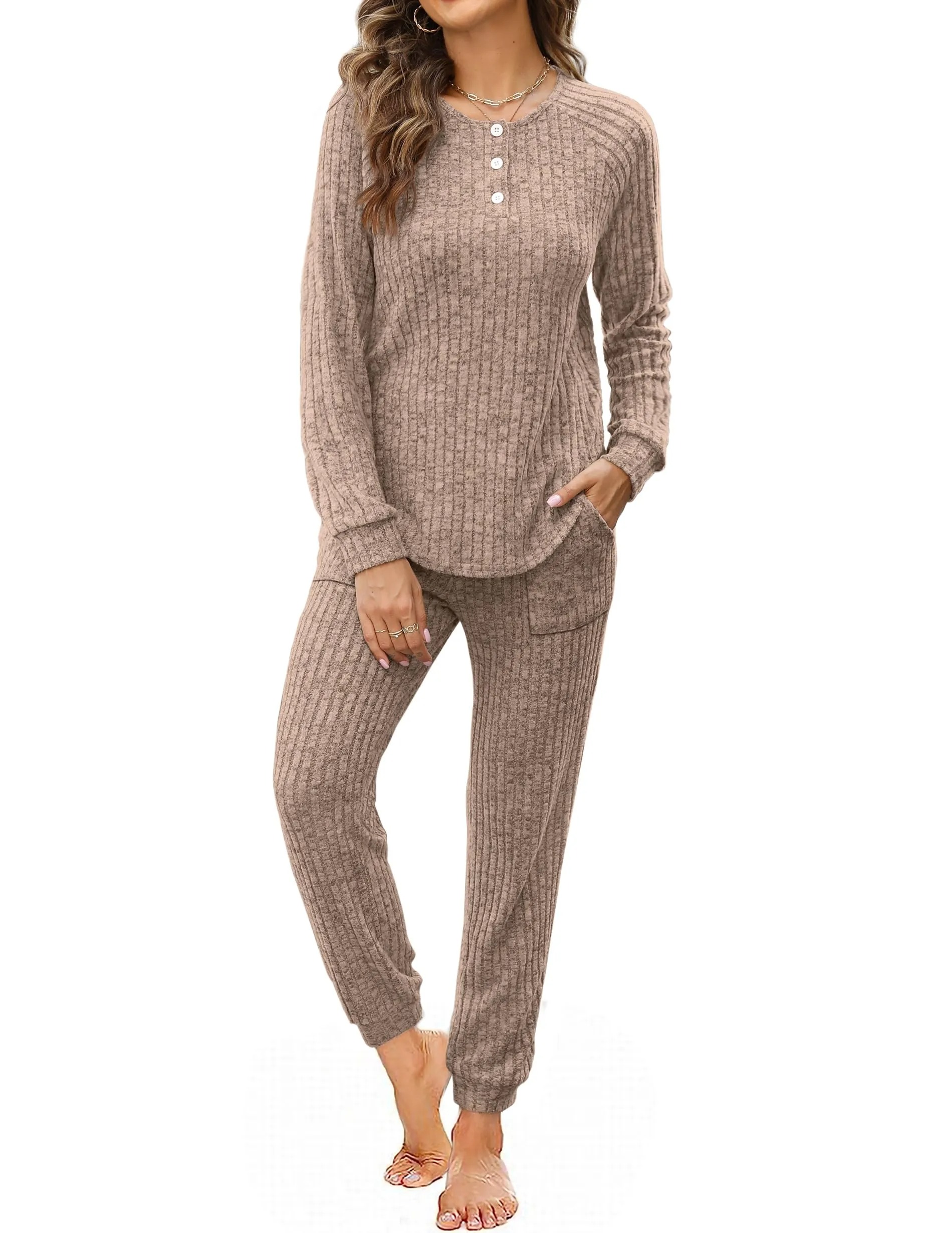 Women‘s’ Button Down Sweatshirt Sweatpants Two Piece Set with Pockets