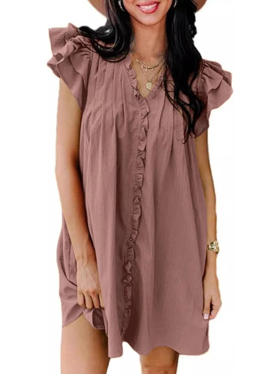 HOT SALE Women's Elegant Ruffle Short Sleeve Buttoned V Neck Pleated Dresses