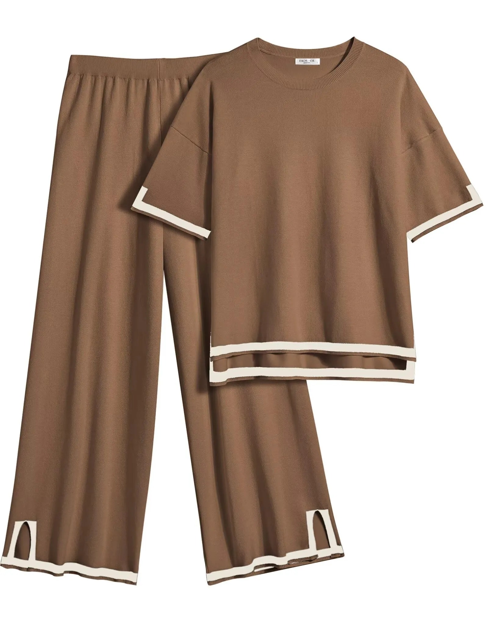 Women's Travel Outfits 2 Piece Sets Short Sleeve Sweater Top Wide Leg Long Pants