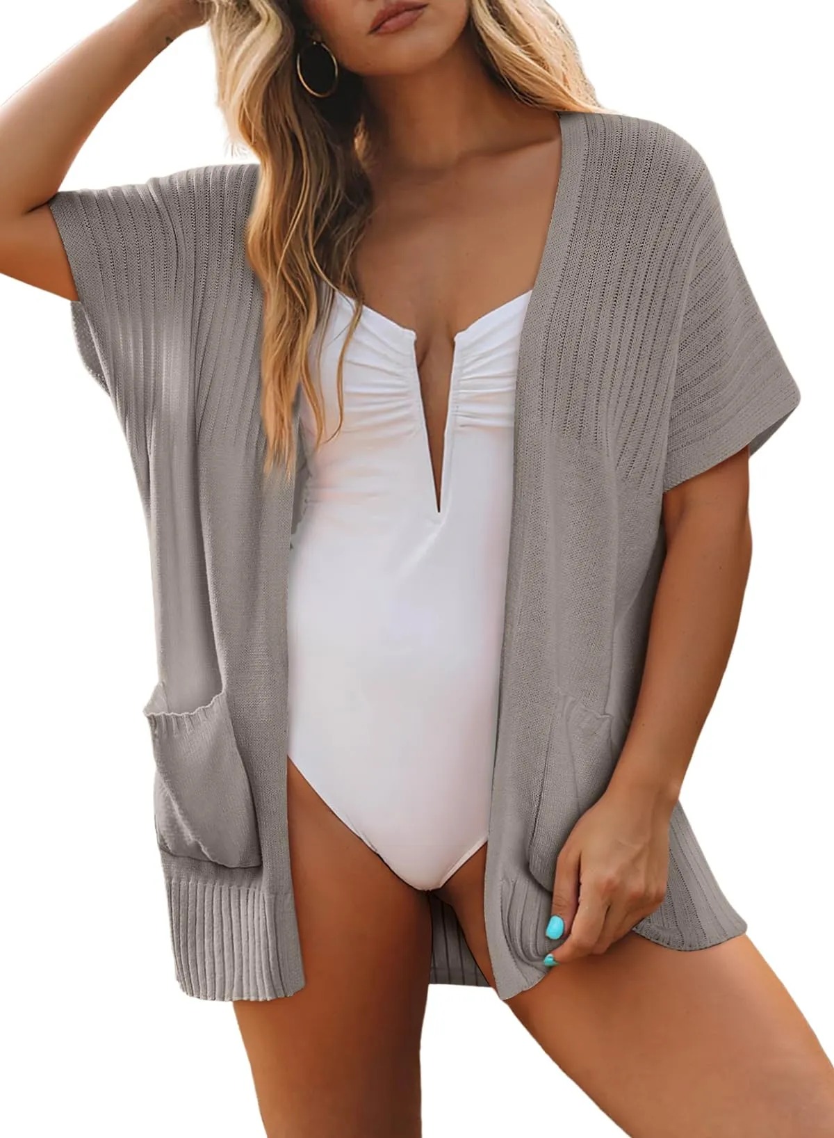 HOT SALE Women's Short Sleeve Pleated Lightweight Open Front Cardigan