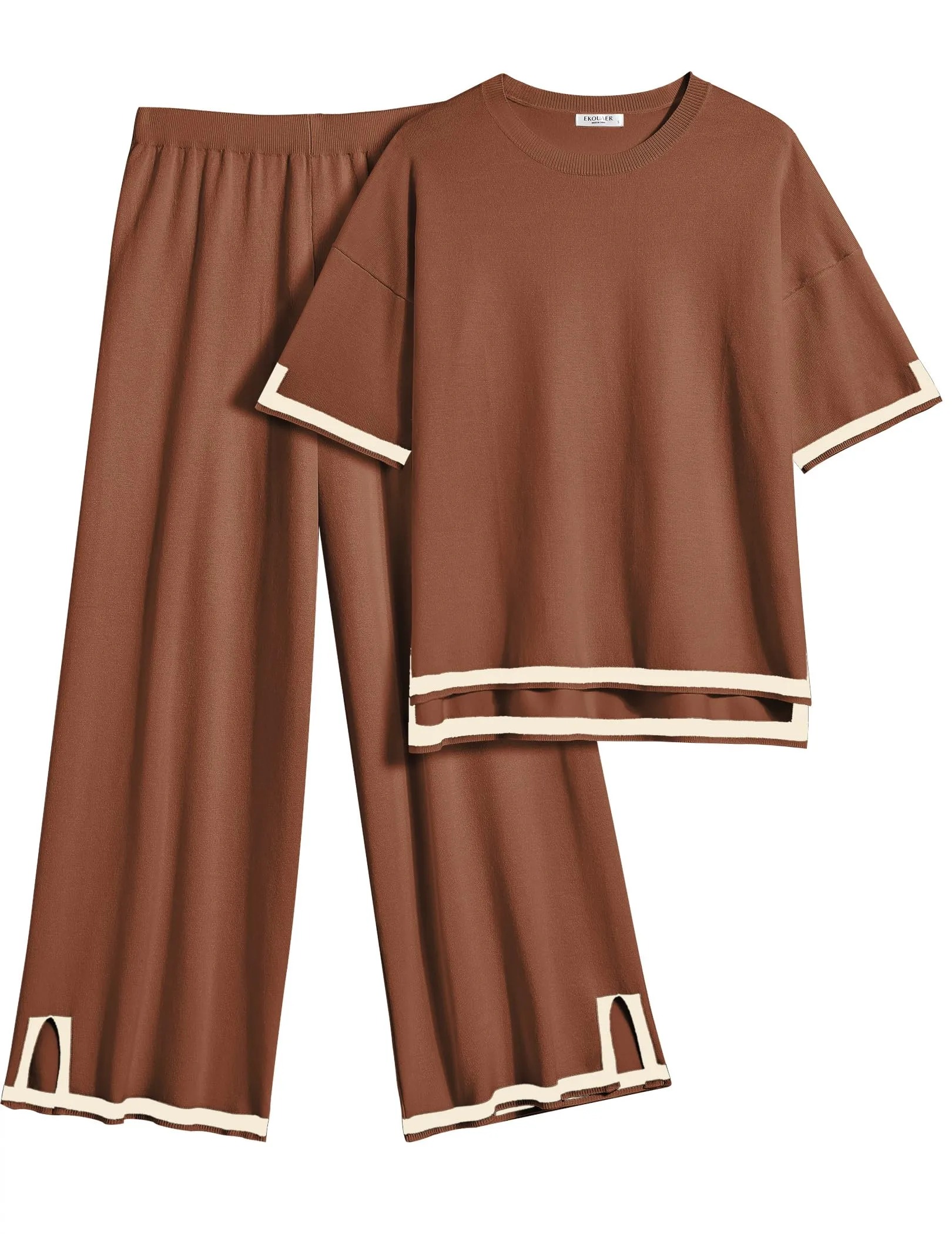 Women's Travel Outfits 2 Piece Sets Short Sleeve Sweater Top Wide Leg Long Pants