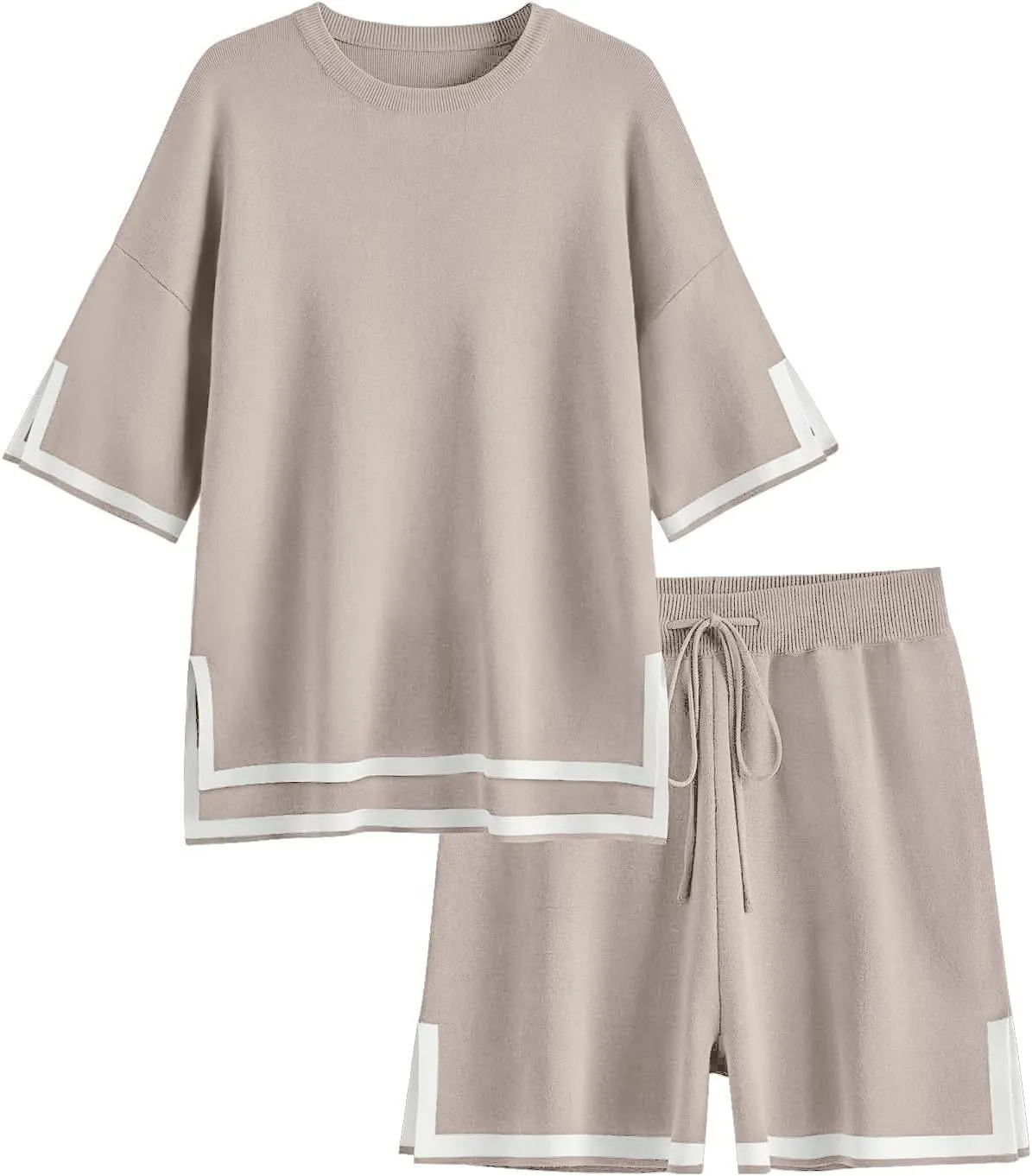 HOT SALE Women's Color Block Knitted Short Sleeve Top And Drawstring Shorts Set