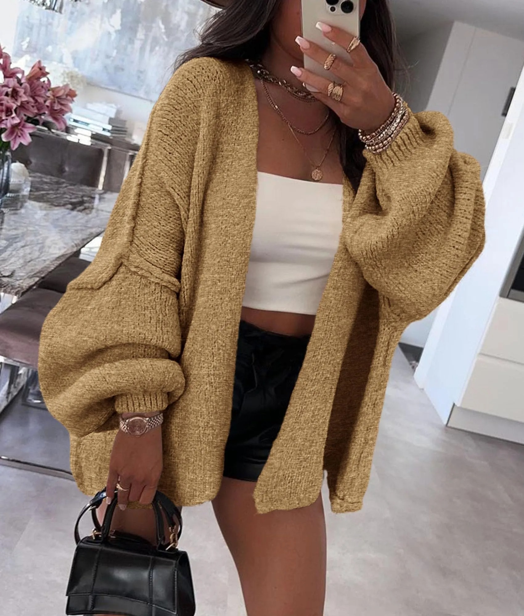 HOT SALE Women's Oversized Cardigan Long Lantern Sleeve Knit Open Front Lightweight Sweater