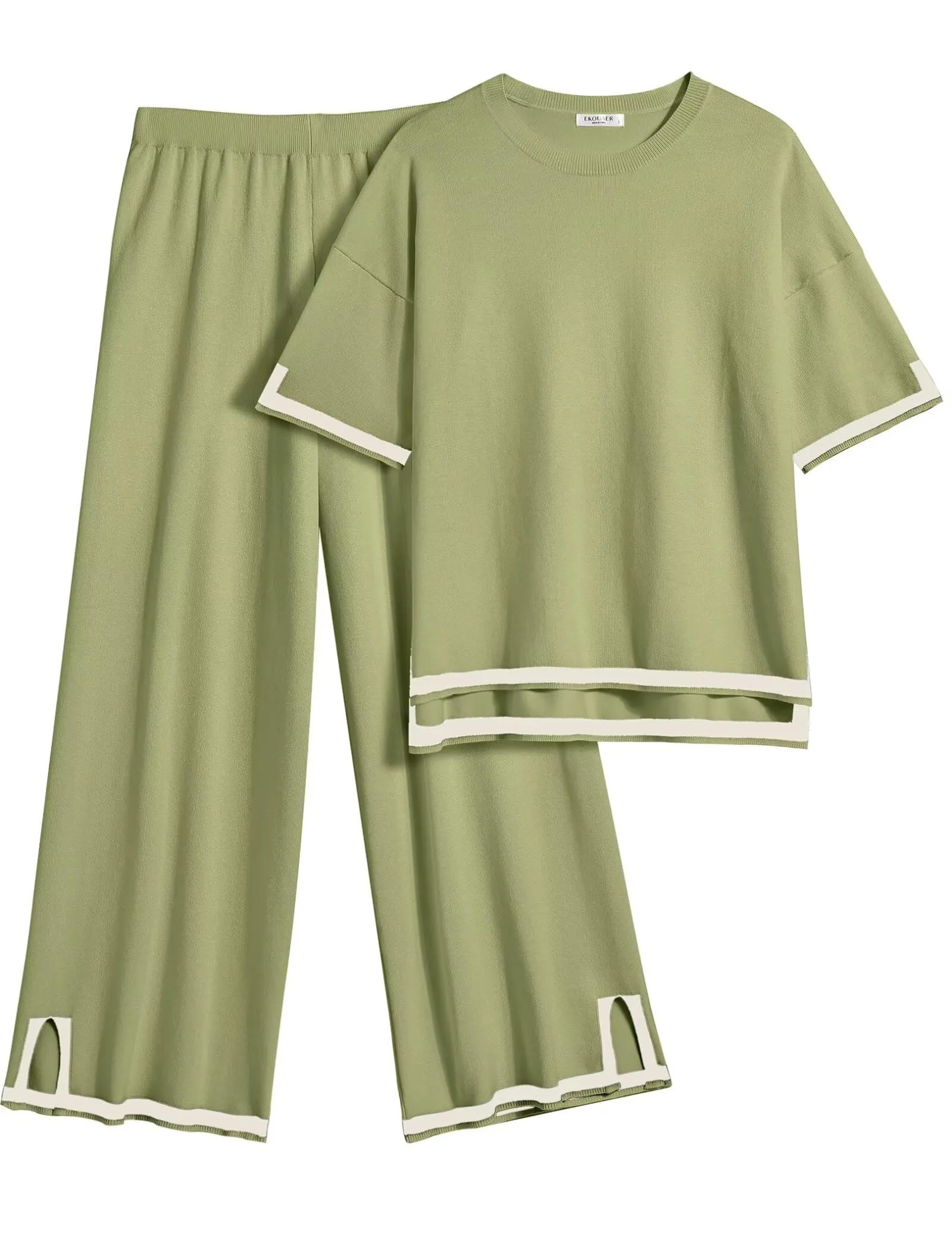 Women's Travel Outfits 2 Piece Sets Short Sleeve Sweater Top Wide Leg Long Pants