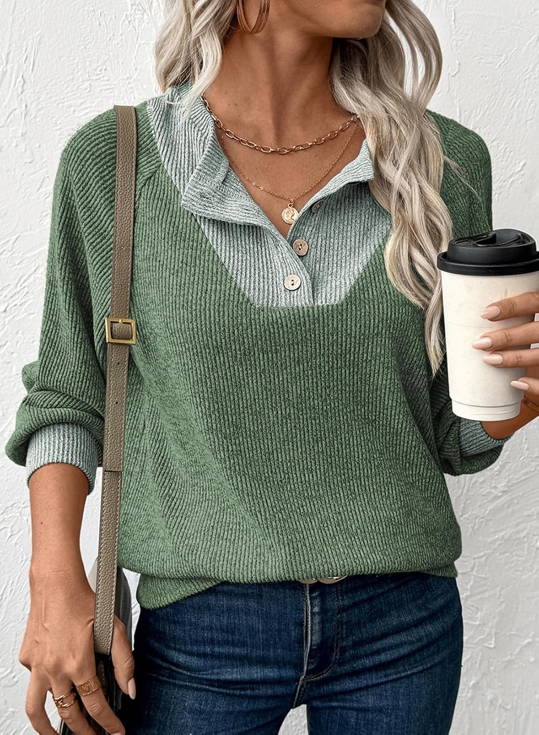 Women's Colorblock Button Up V Neck Long Sleeve Casual Sweatshirts