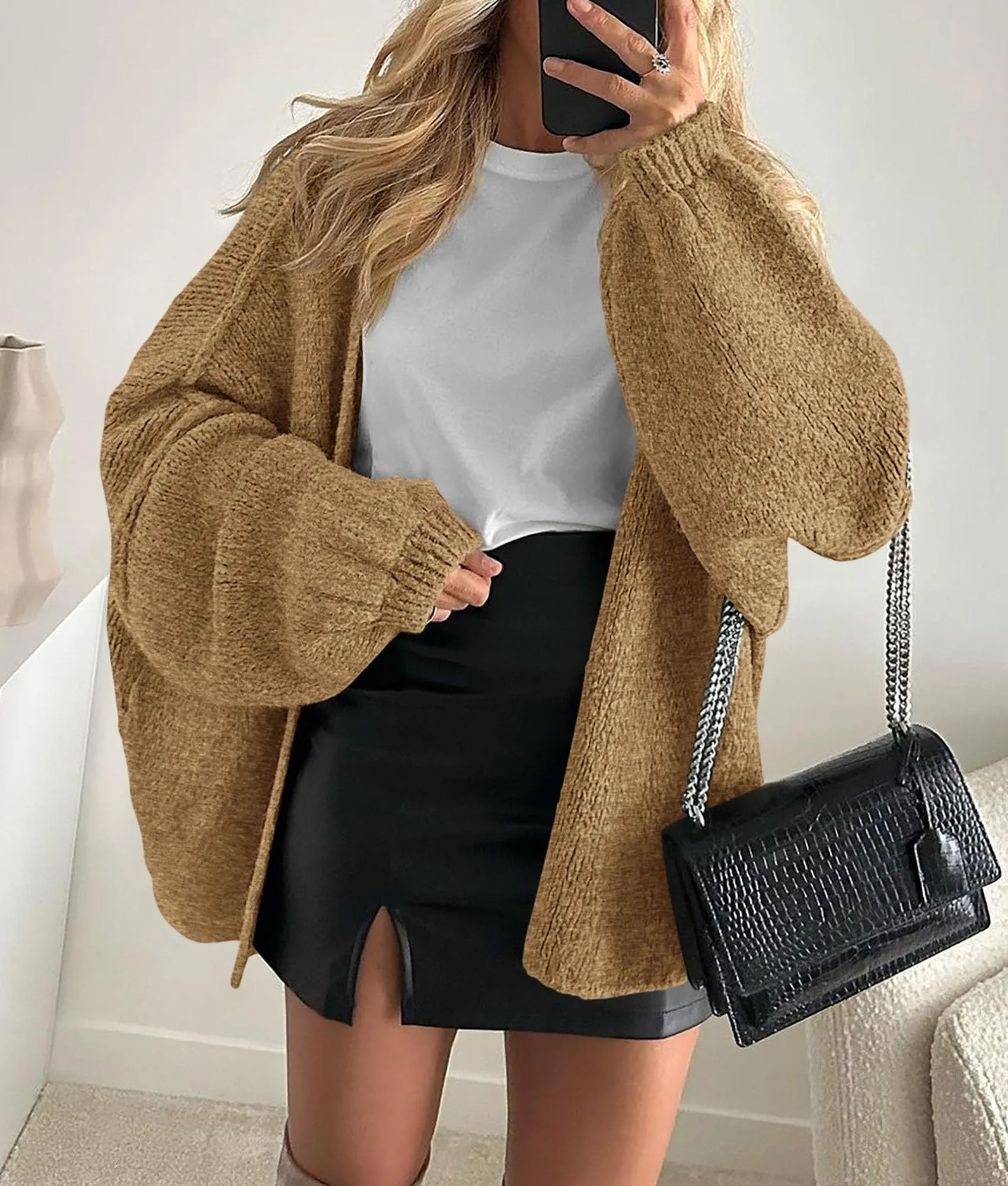HOT SALE Women's Oversized Cardigan Long Lantern Sleeve Knit Open Front Lightweight Sweater