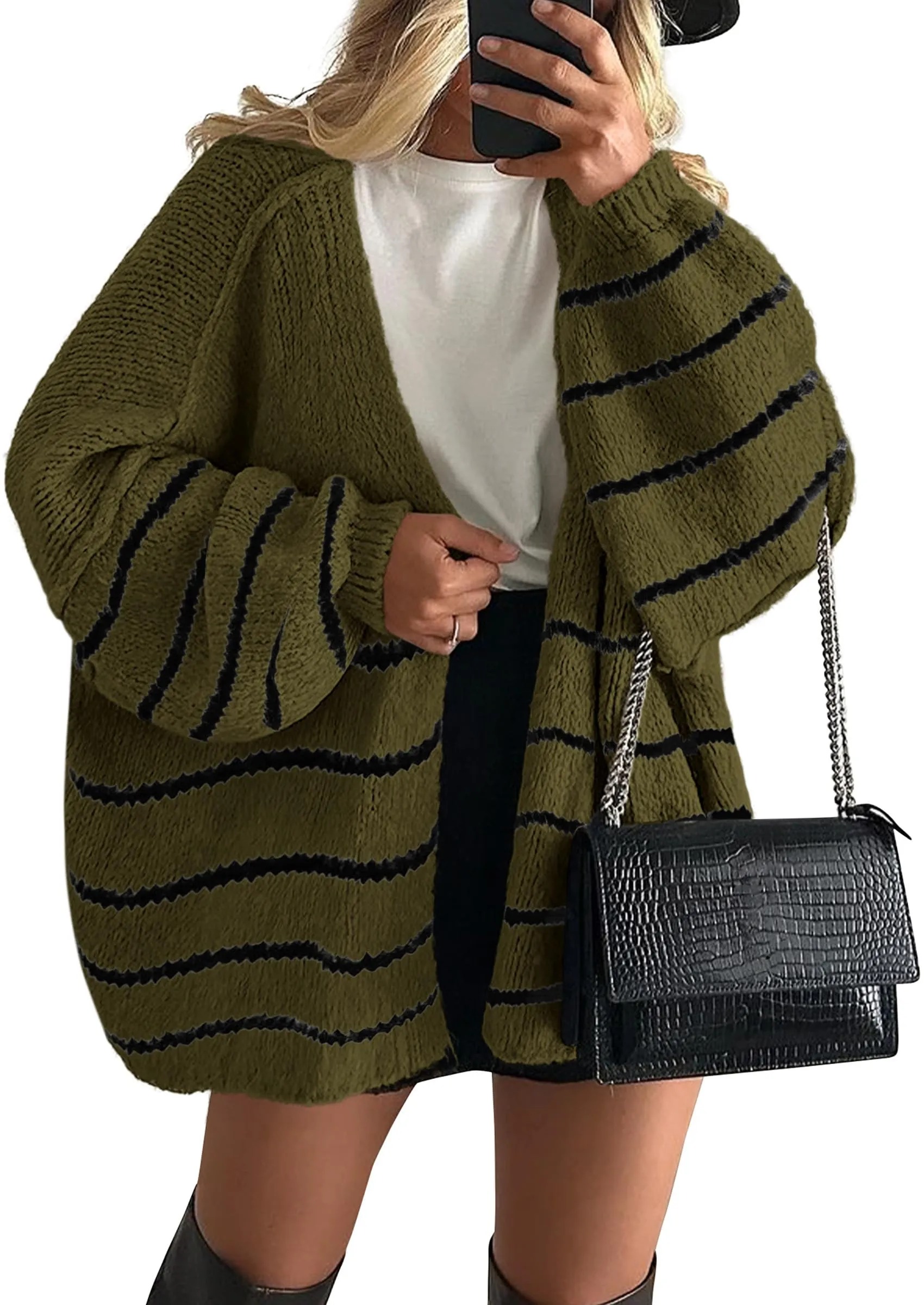 HOT SALE Women's Oversized Balloon Sleeve Striped Cardigan Sweater