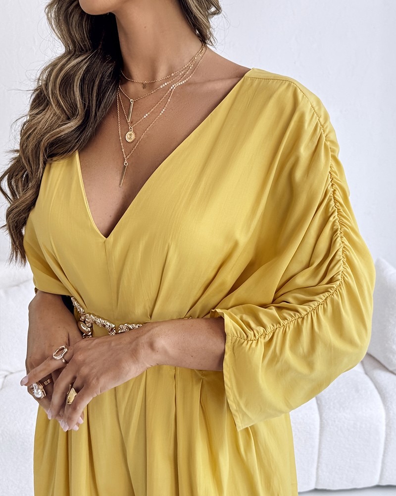 Women's Casual V-Neck Half Sleeve Ruched Jumpsuit