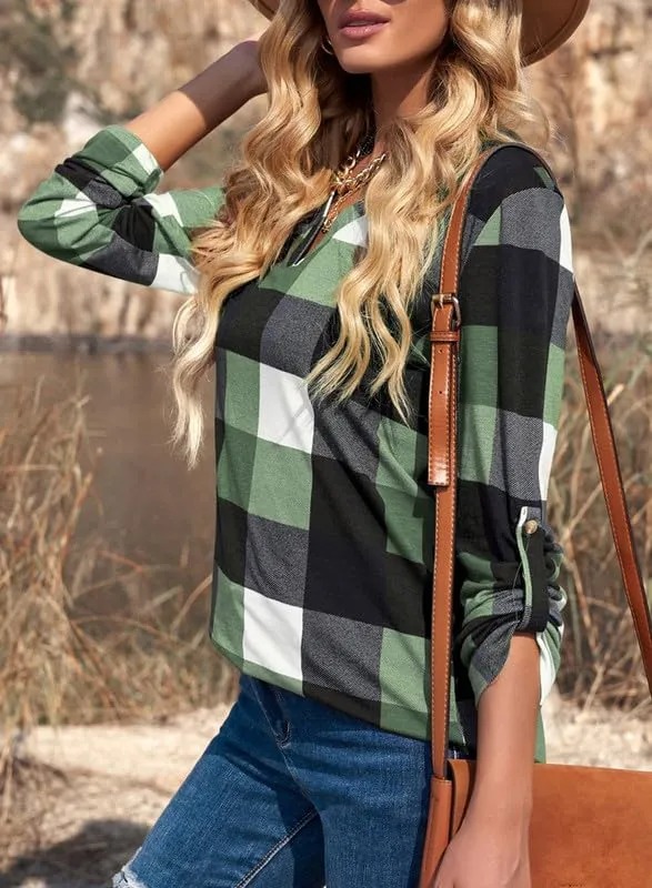 HOT SALE Women's V Neck Plaid Print Cuffed Long Sleeve Shirt