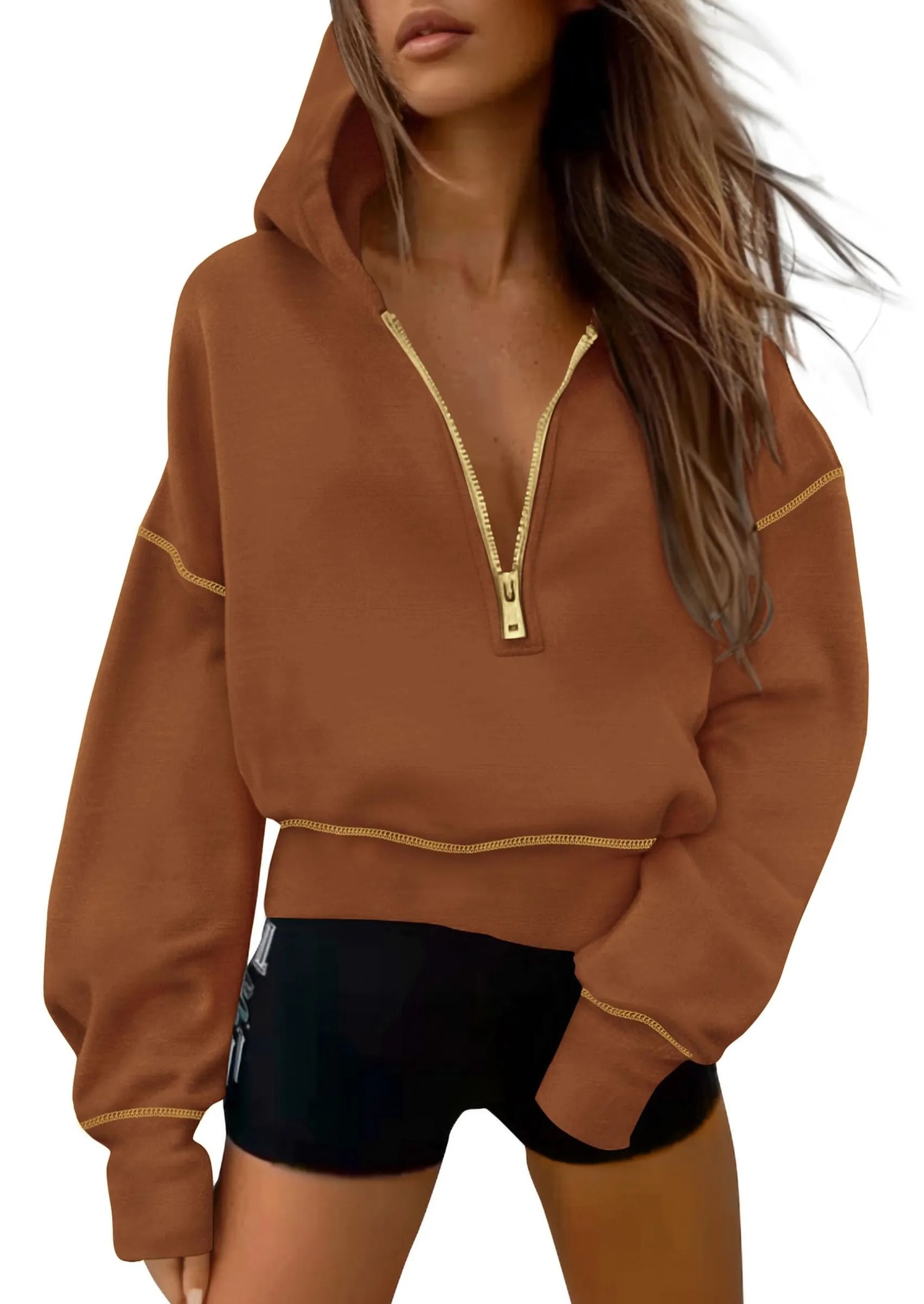 HOT SALE Women's Half Zip Hooded Long Sleeve Cropped Pullover