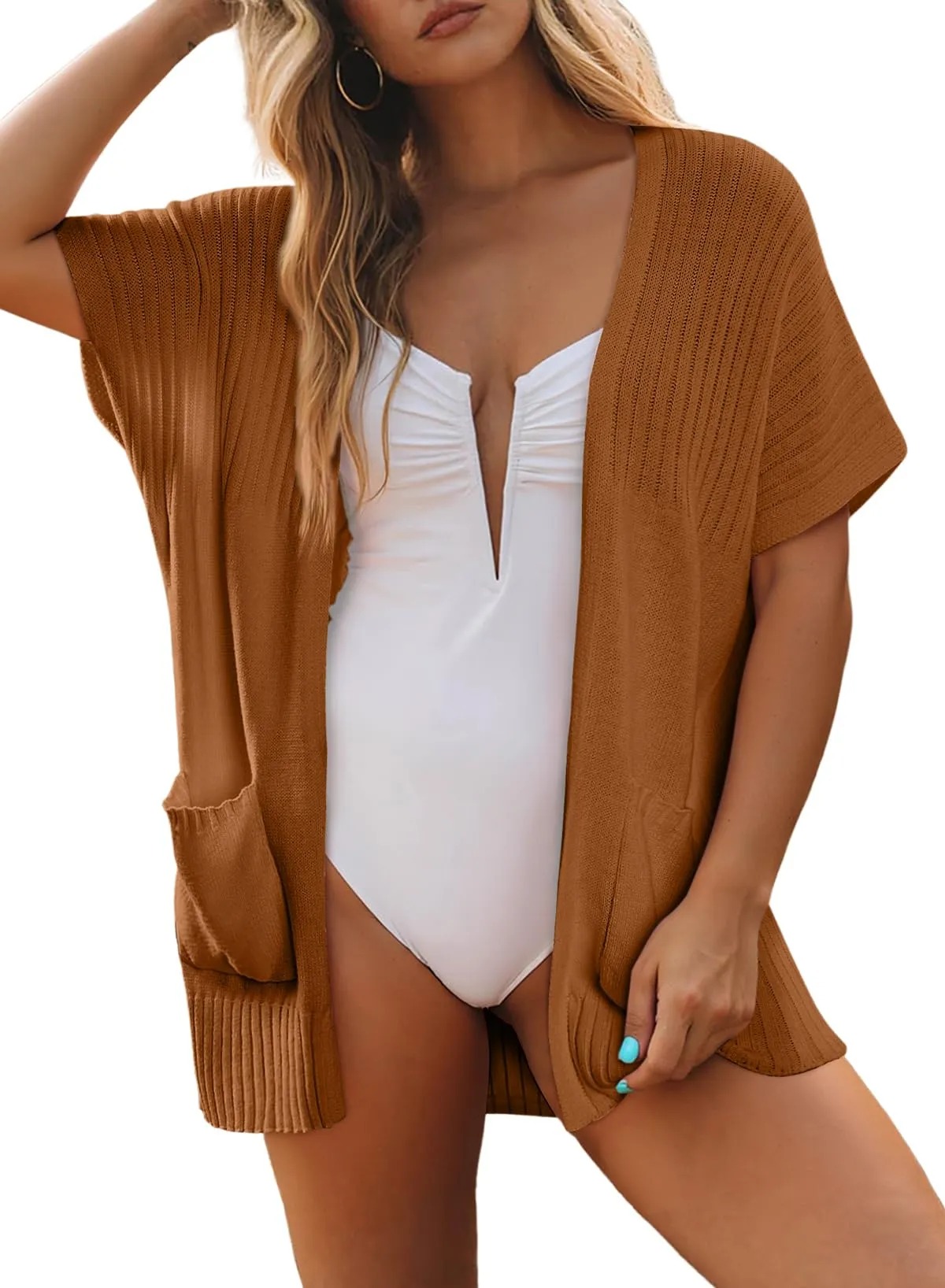HOT SALE Women's Short Sleeve Pleated Lightweight Open Front Cardigan